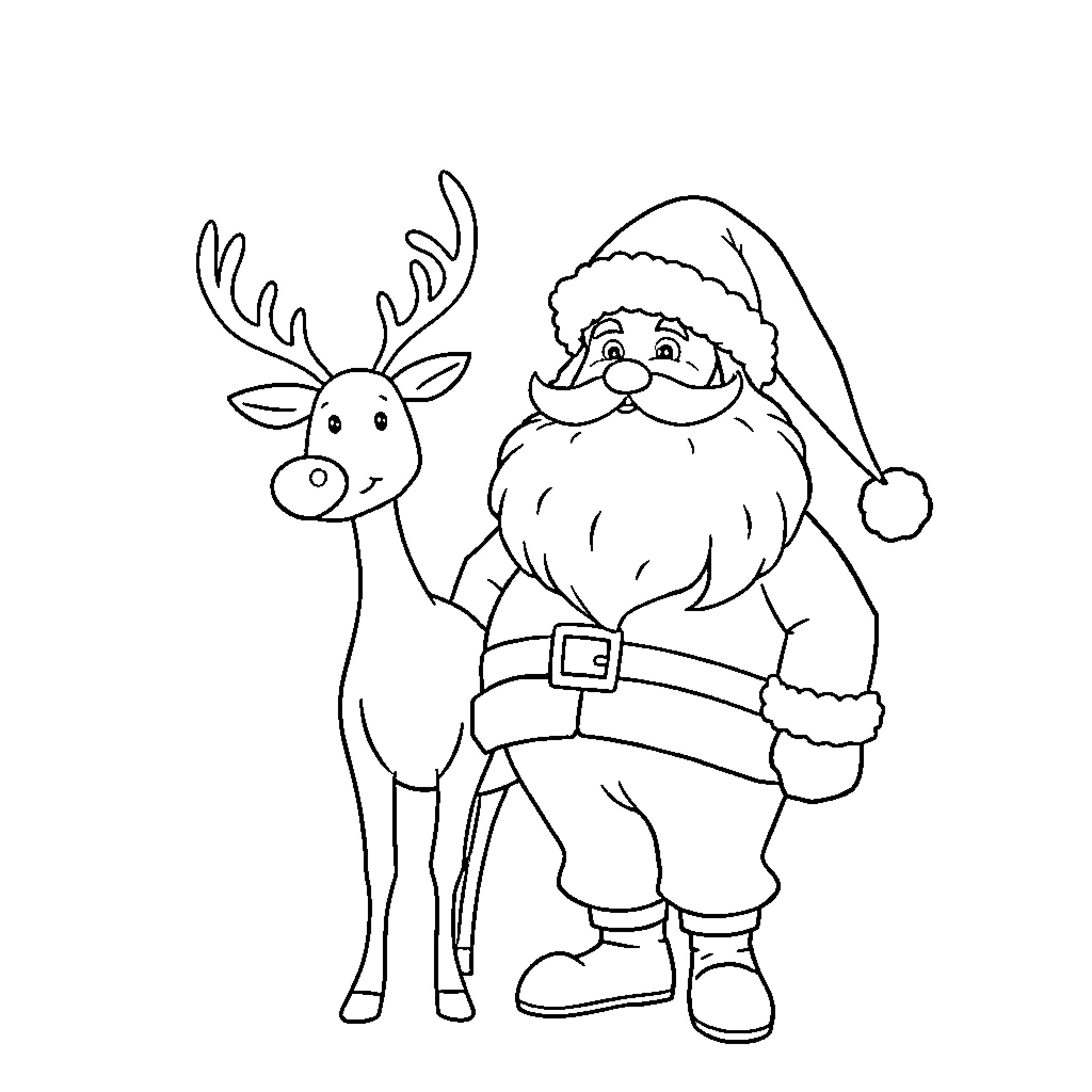 Santa Claus and his reindeer friend Coloring Page (free black-and-white line drawing printable PDF for all, from beginners to advanced learners, including children, teens, adults, and seniors)