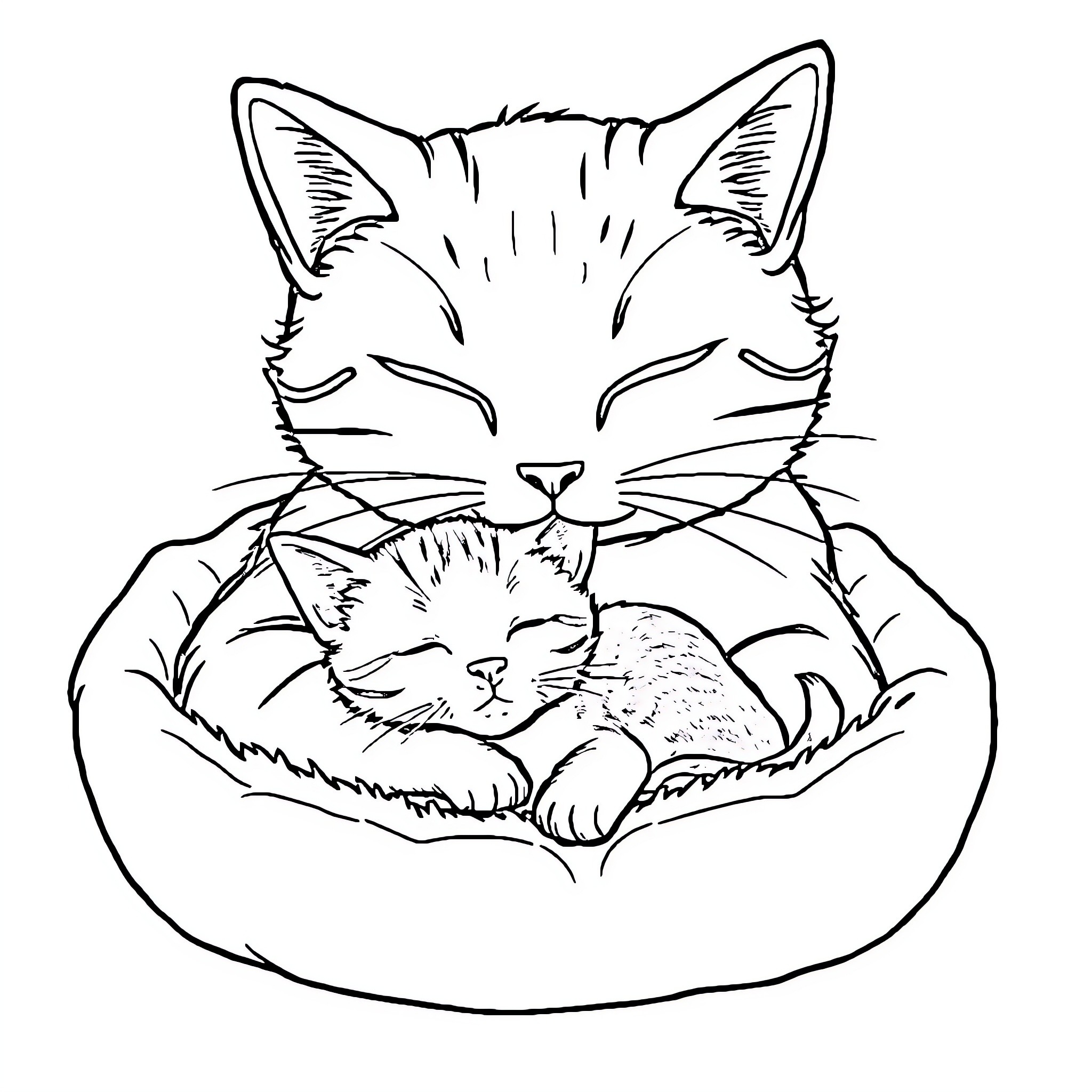 Cat sleeping peacefully in cozy bed Coloring Page (free black-and-white line drawing printable PDF for all, from beginners to advanced learners, including children, teens, adults, and seniors)