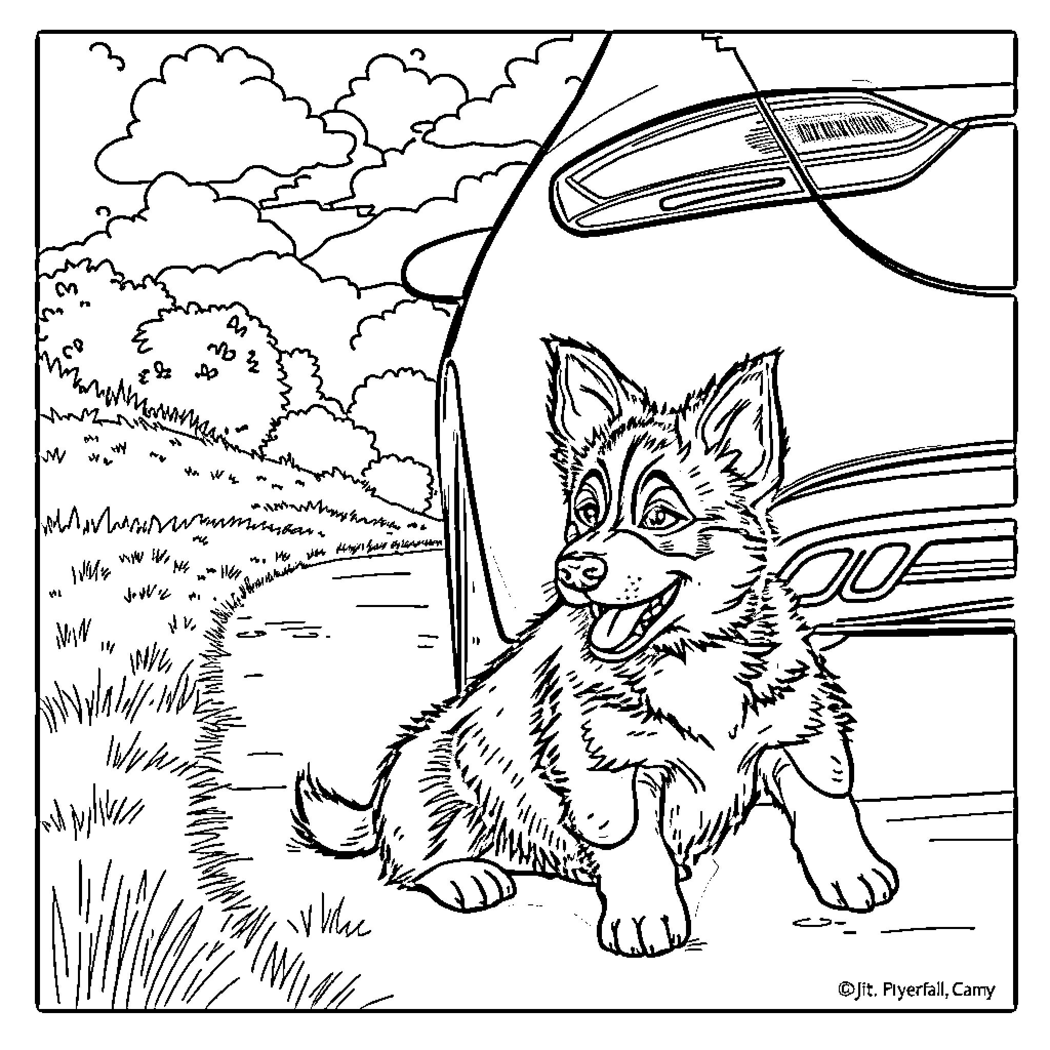 Bluey enjoys a road trip with playful pup Coloring Page (free black-and-white line drawing printable PDF for all, from beginners to advanced learners, including children, teens, adults, and seniors)