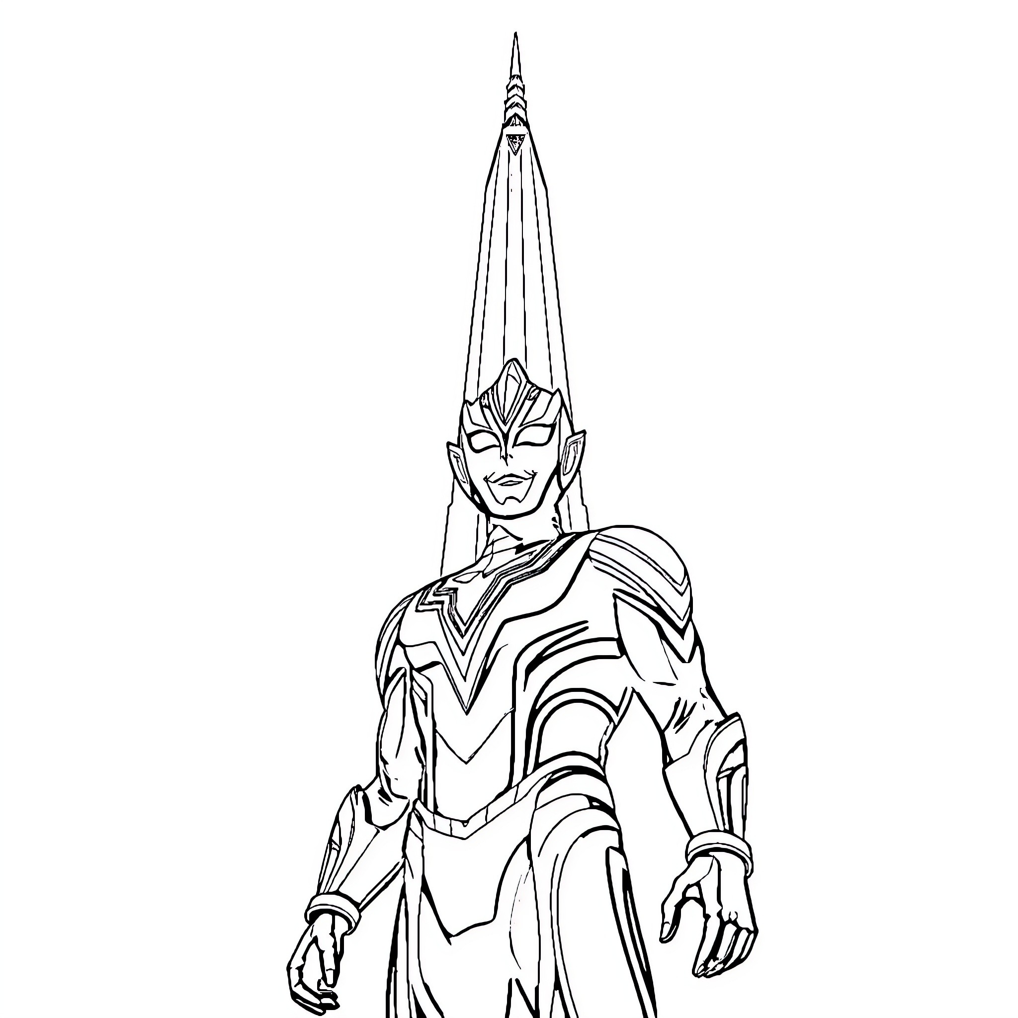 Ultraman heroically standing in action pose Coloring Page (free black-and-white line drawing printable PDF for all, from beginners to advanced learners, including children, teens, adults, and seniors)