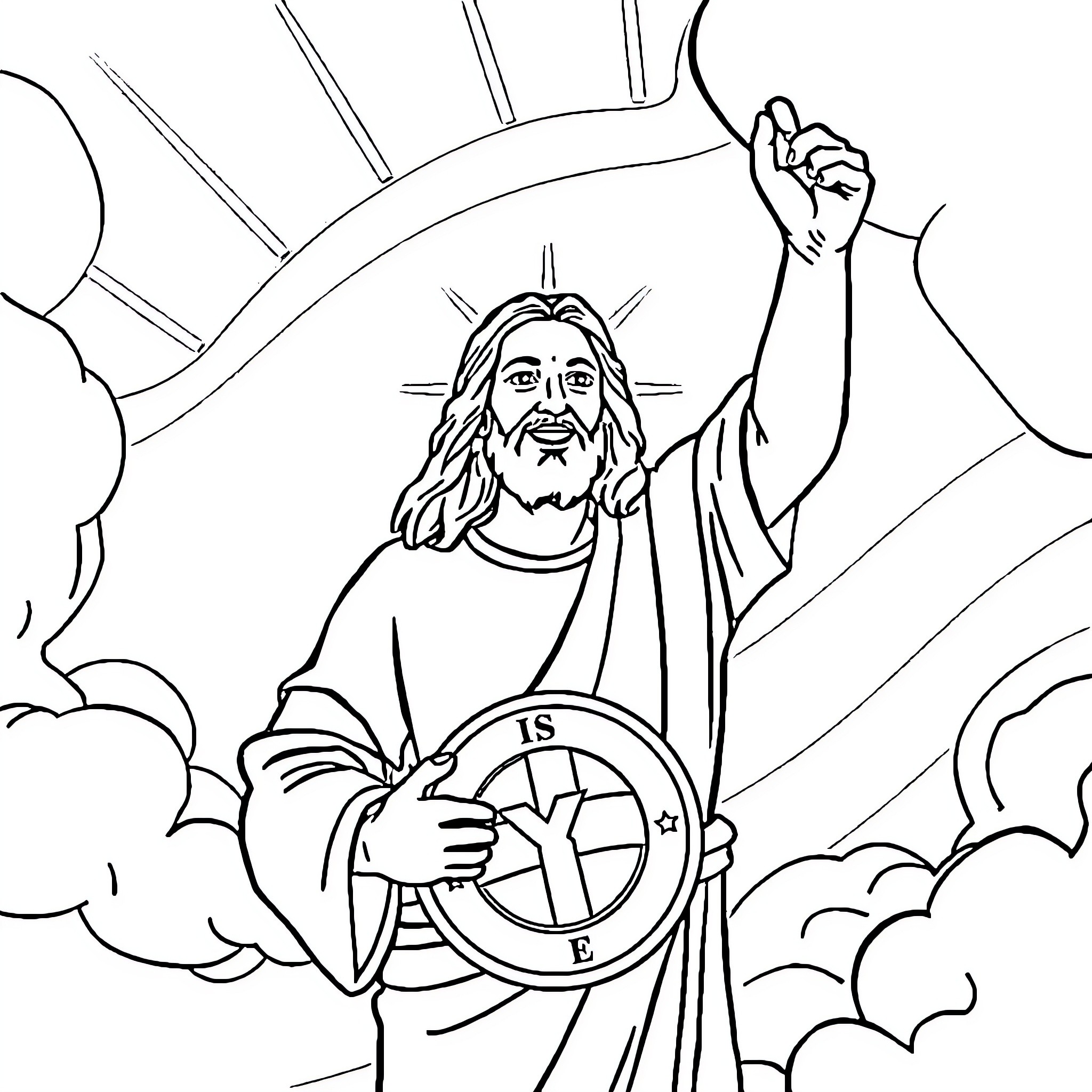 Feyenoord religious figure with symbolic imagery Coloring Page (free black-and-white line drawing printable PDF for all, from beginners to advanced learners, including children, teens, adults, and seniors)