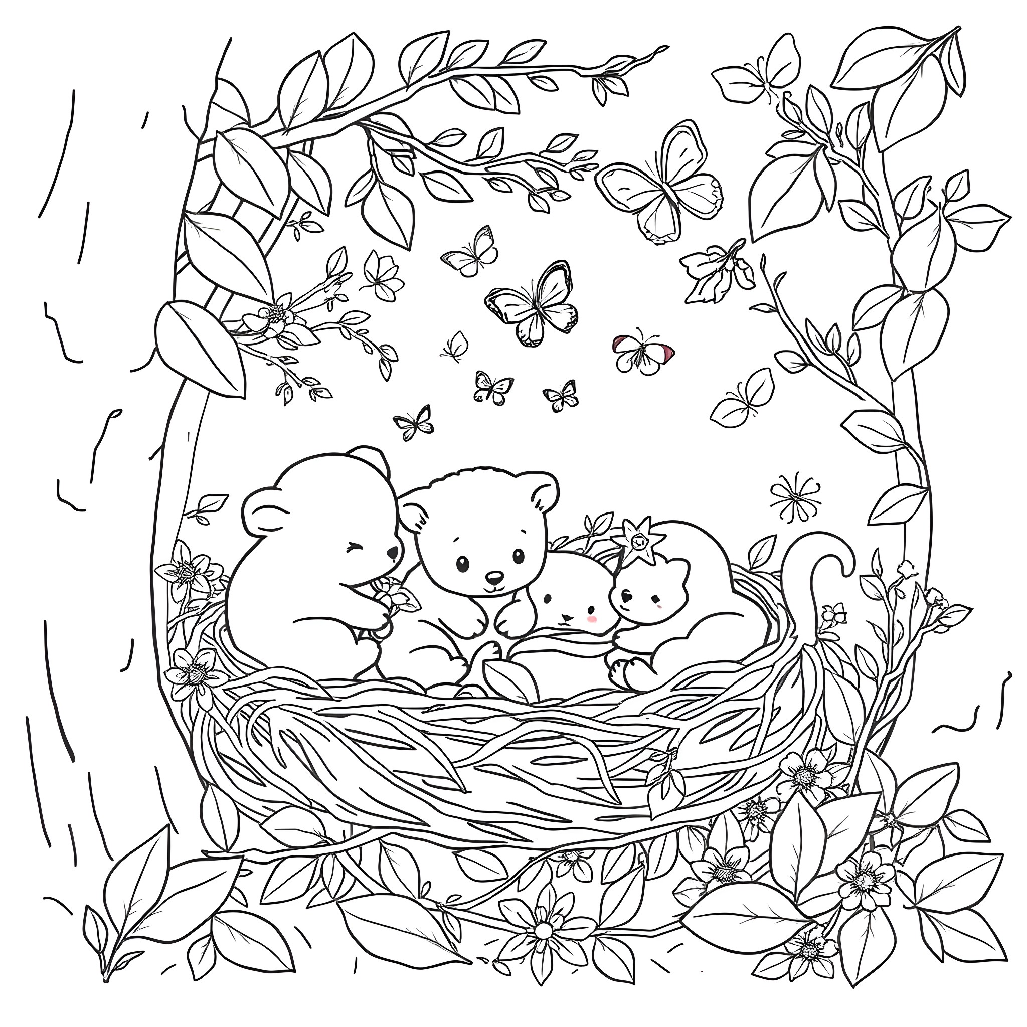 Animal family in floral nest surrounded by butterflies Coloring Page (free black-and-white line drawing printable PDF for all, from beginners to advanced learners, including children, teens, adults, and seniors)
