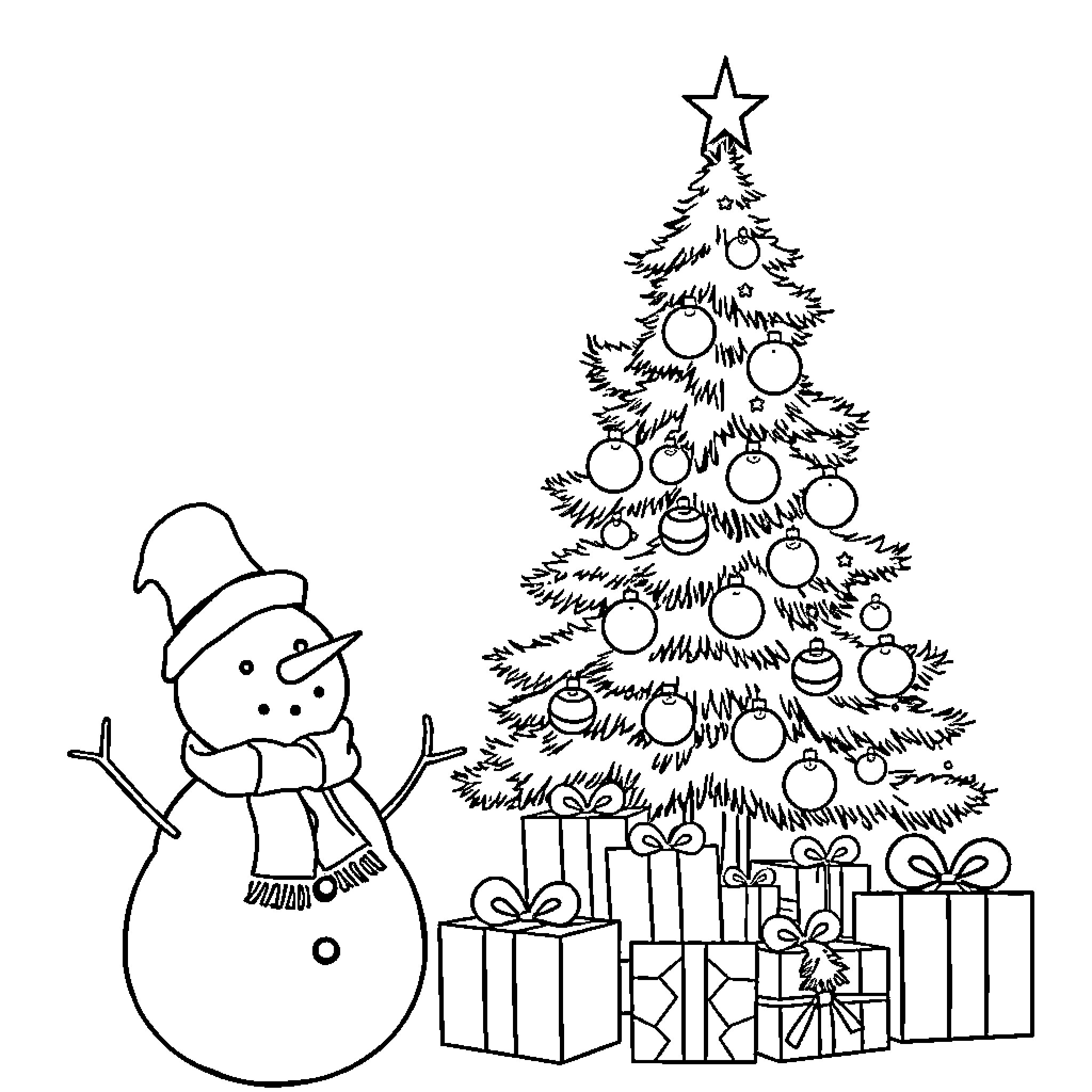Christmas Snowman and Decorated Tree with Presents Coloring Page (free black-and-white line drawing printable PDF for all, from beginners to advanced learners, including children, teens, adults, and seniors)