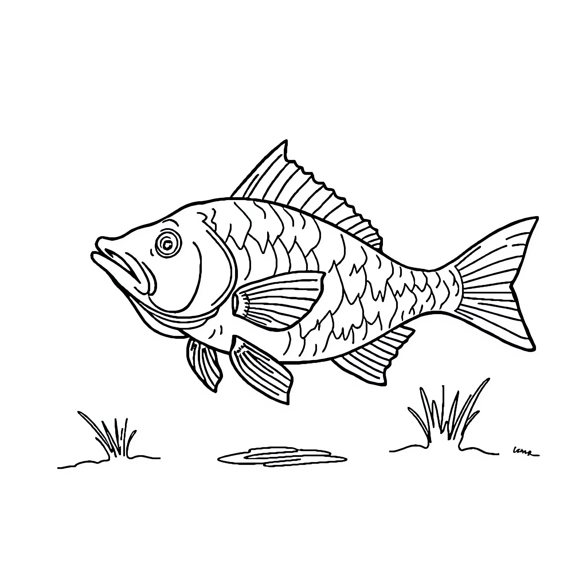 Fish Swimming in Aquatic Environment Coloring Page (free black-and-white line drawing printable PDF for all, from beginners to advanced learners, including children, teens, adults, and seniors)