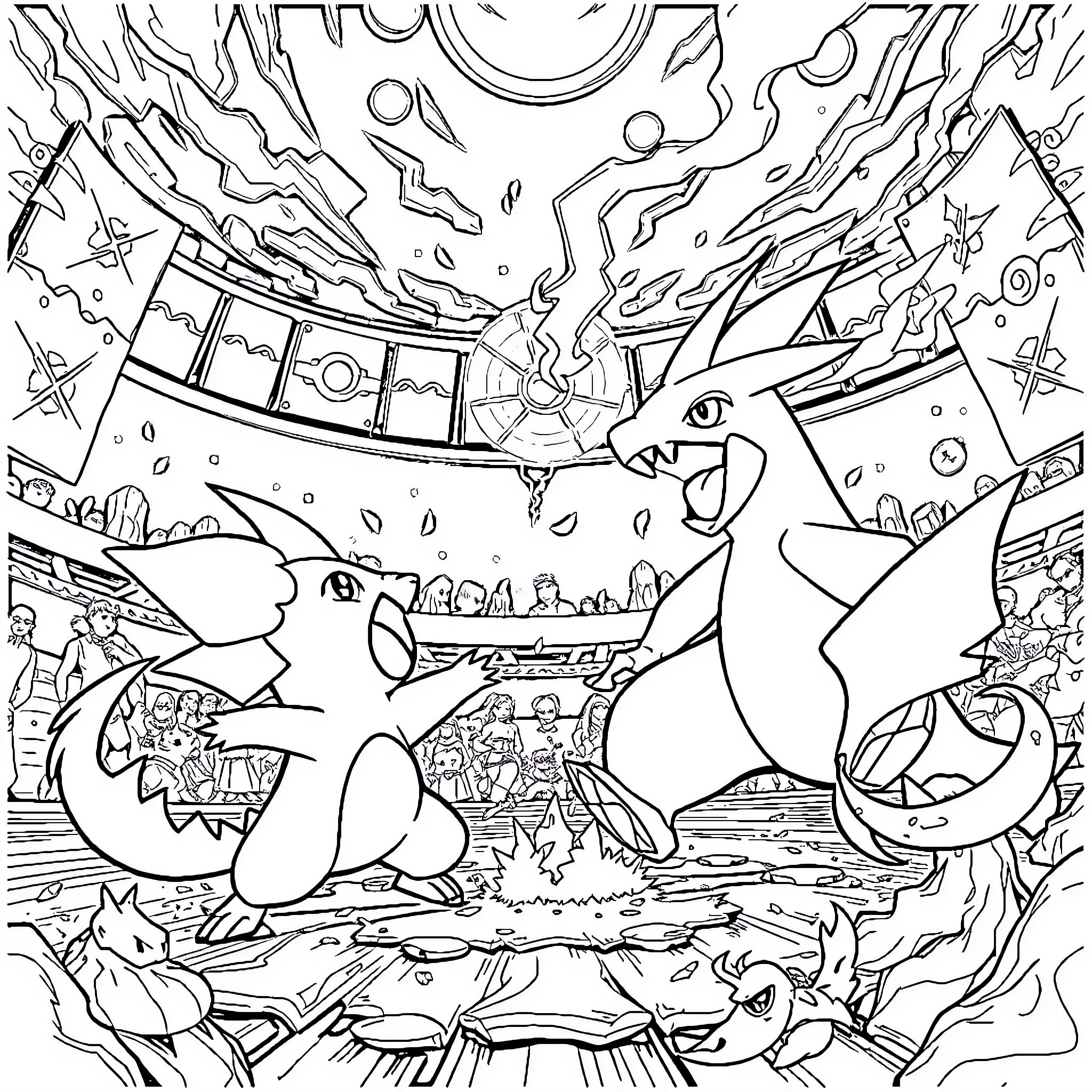 Pokémon Characters in Fantastical Landscape Coloring Page (free black-and-white line drawing printable PDF for all, from beginners to advanced learners, including children, teens, adults, and seniors)