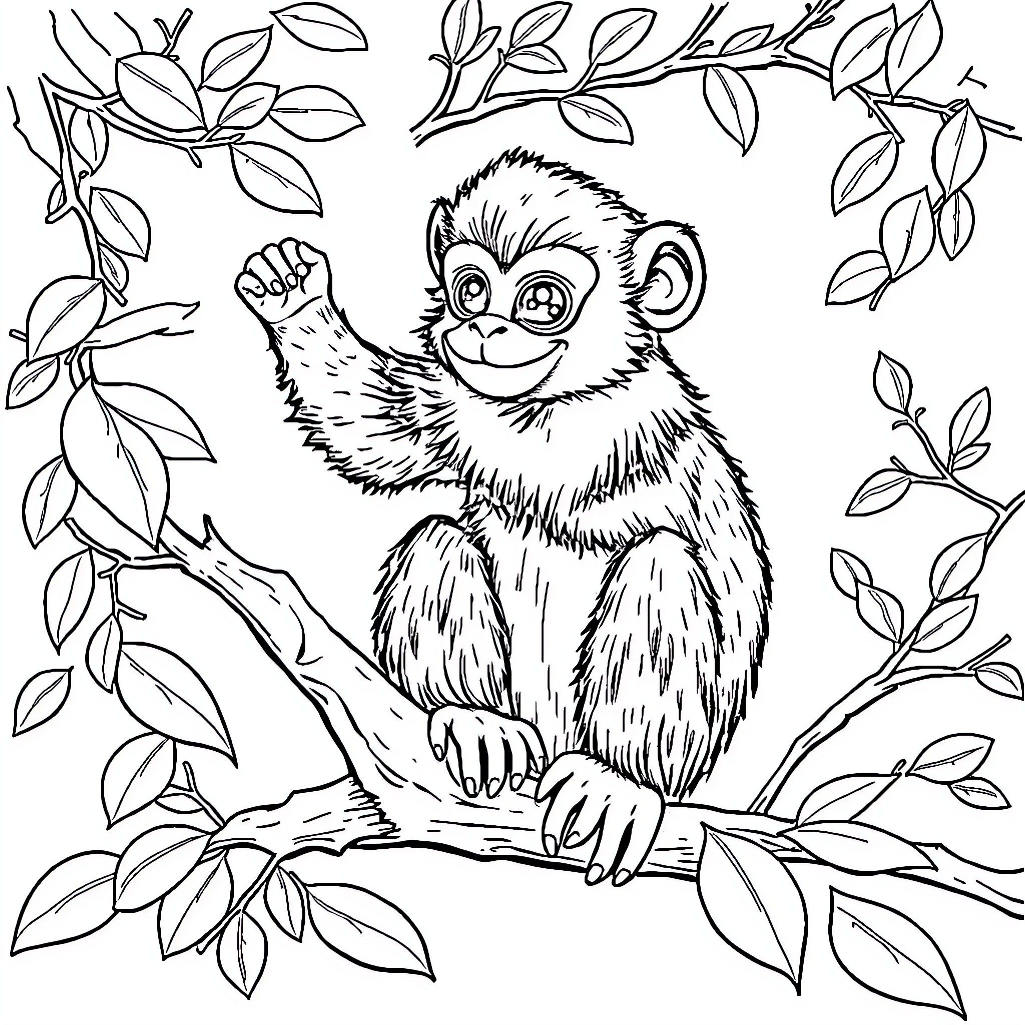 Single Mischievous Monkey Swinging on Branch Coloring Page (free black-and-white line drawing printable PDF for all, from beginners to advanced learners, including children, teens, adults, and seniors)