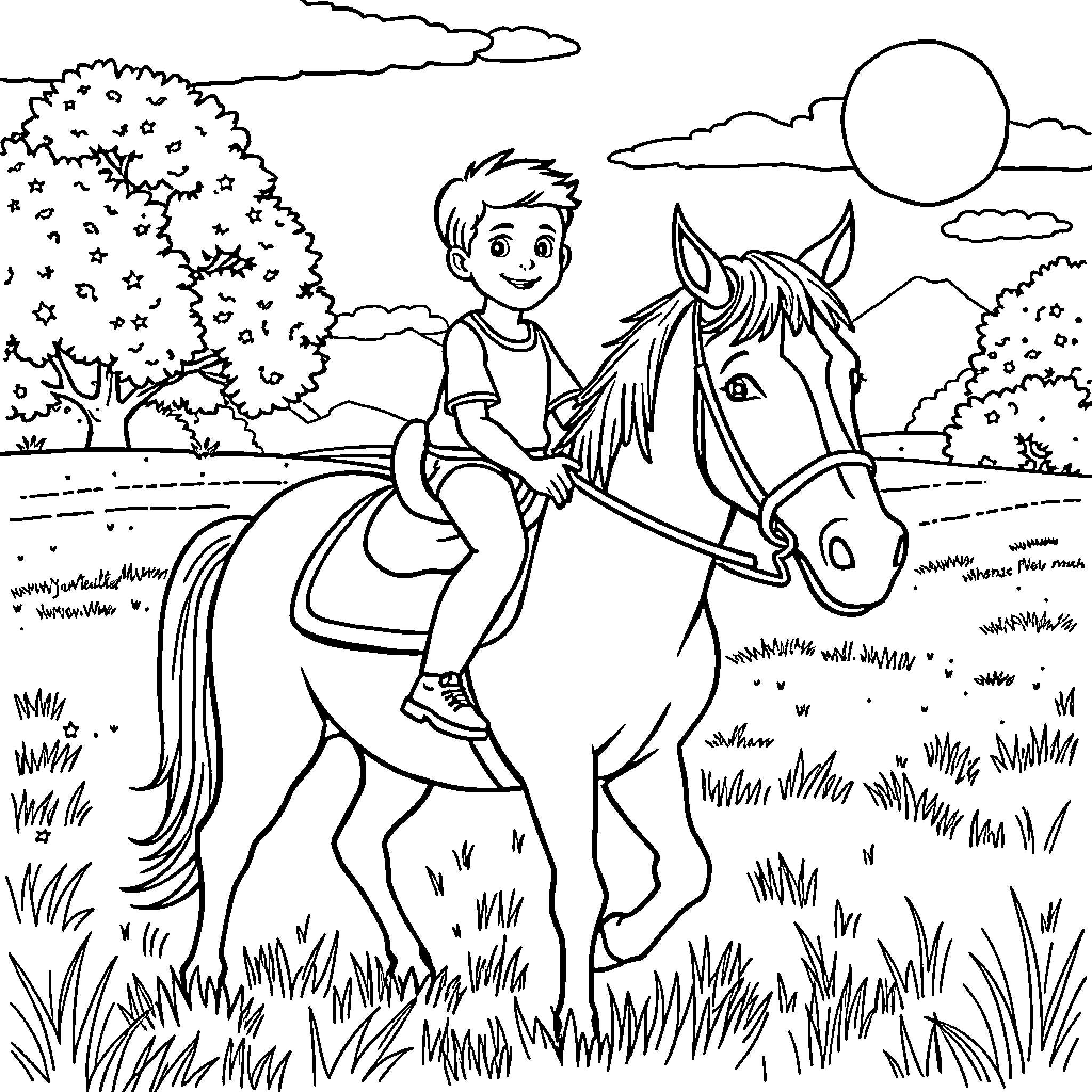 Horse and rider in serene countryside Coloring Page (free black-and-white line drawing printable PDF for all, from beginners to advanced learners, including children, teens, adults, and seniors)
