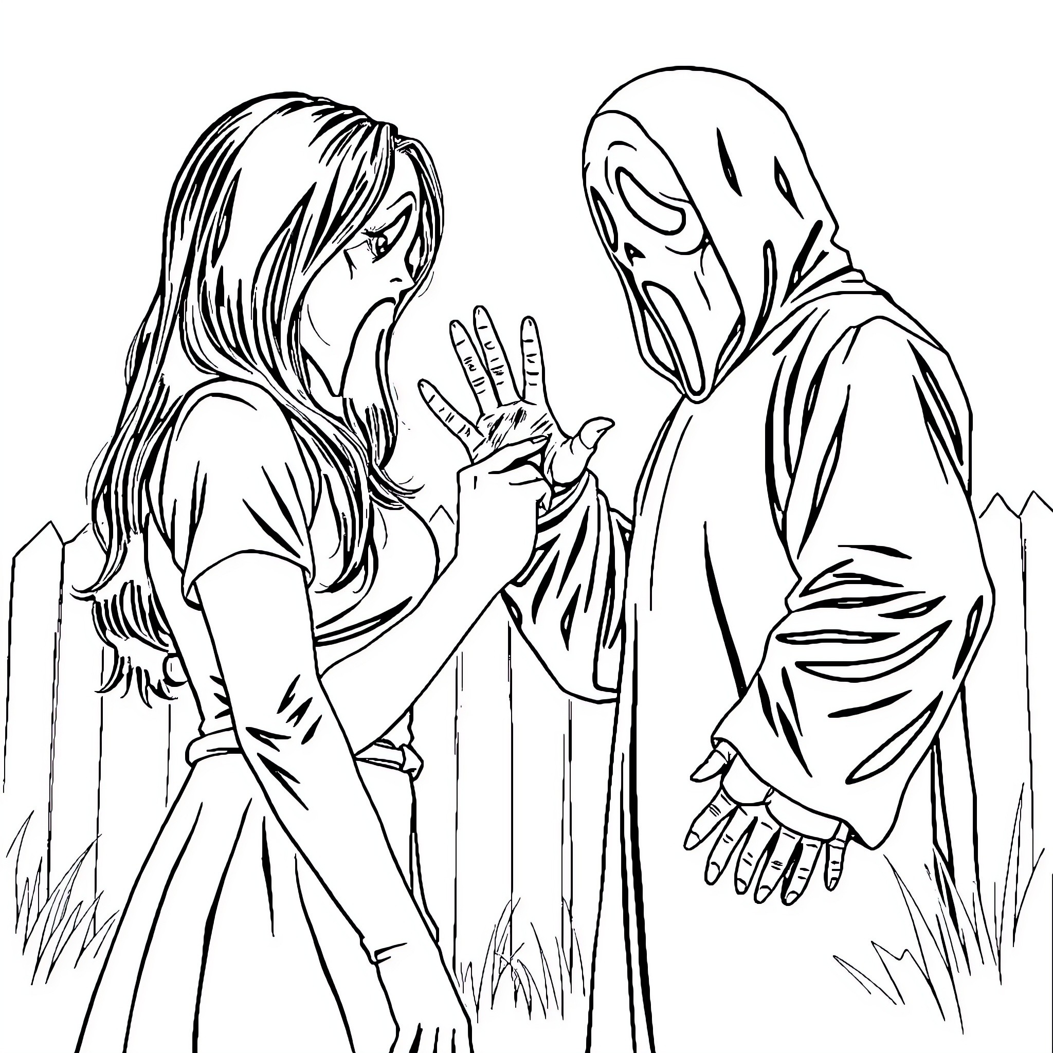 Melissa Barrera in dramatic encounter with hooded figure Coloring Page (free black-and-white line drawing printable PDF for all, from beginners to advanced learners, including children, teens, adults, and seniors)