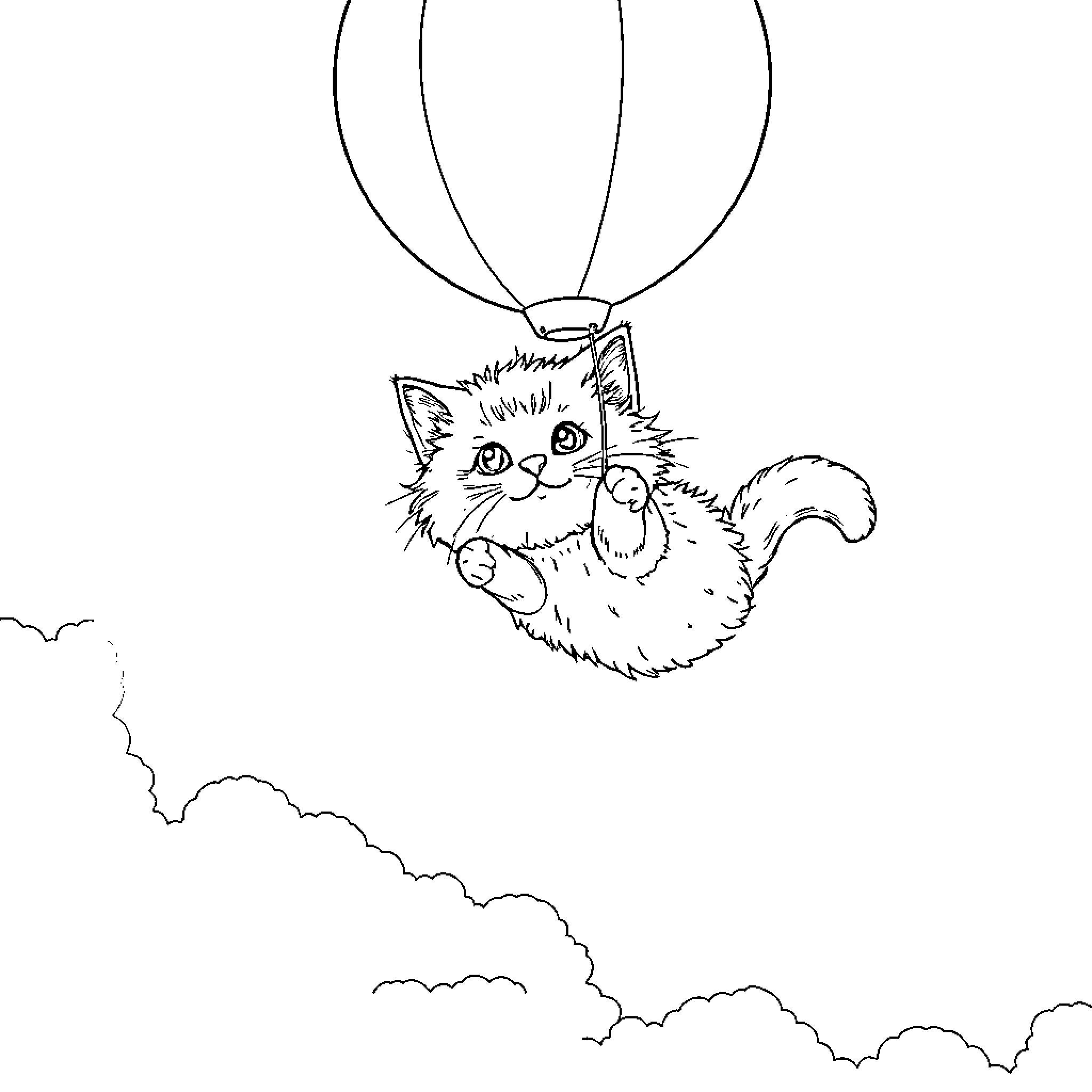 Cat soaring through the clouds with balloons Coloring Page (free black-and-white line drawing printable PDF for all, from beginners to advanced learners, including children, teens, adults, and seniors)
