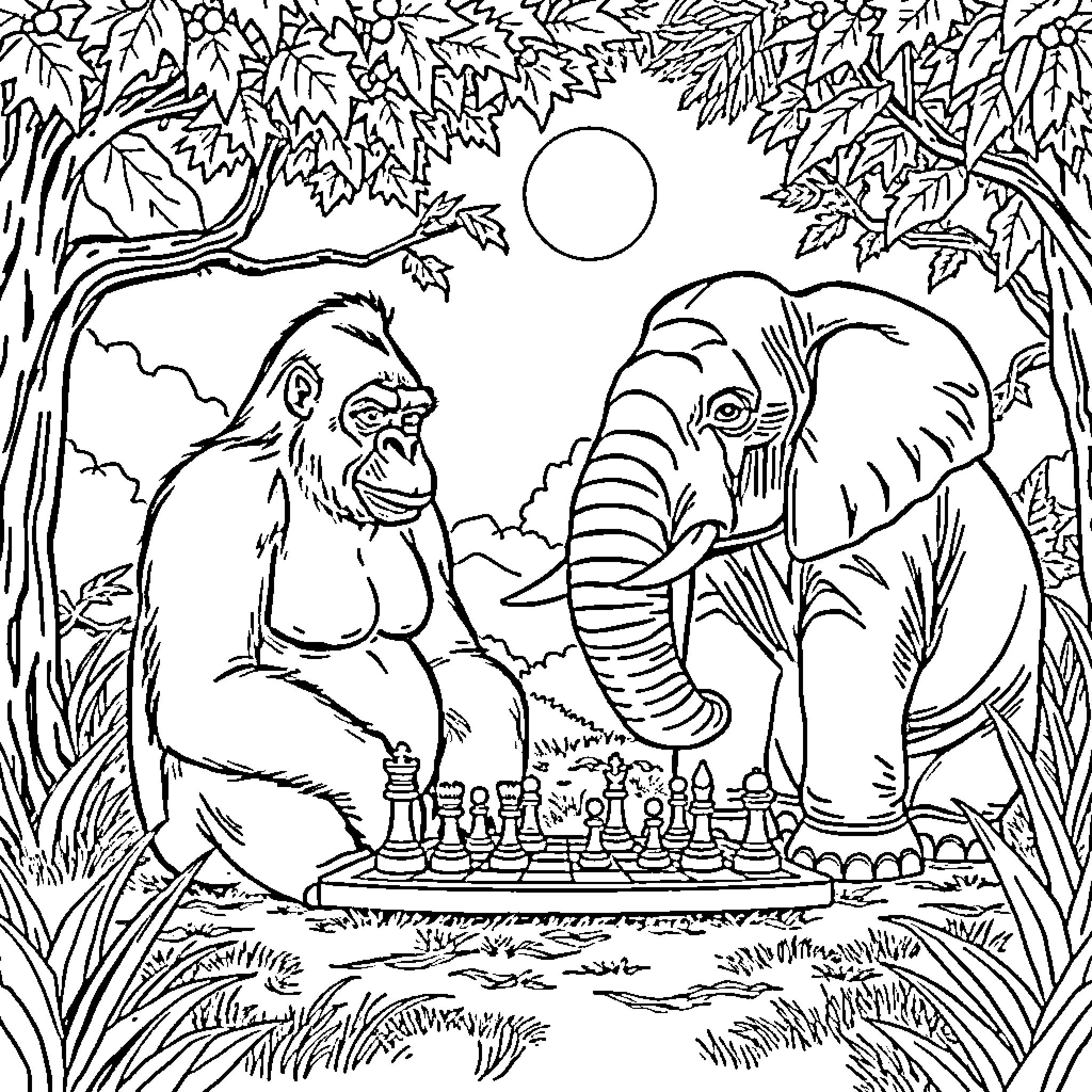 Gorilla playing chess with elephant in the jungle Coloring Page (free black-and-white line drawing printable PDF for all, from beginners to advanced learners, including children, teens, adults, and seniors)