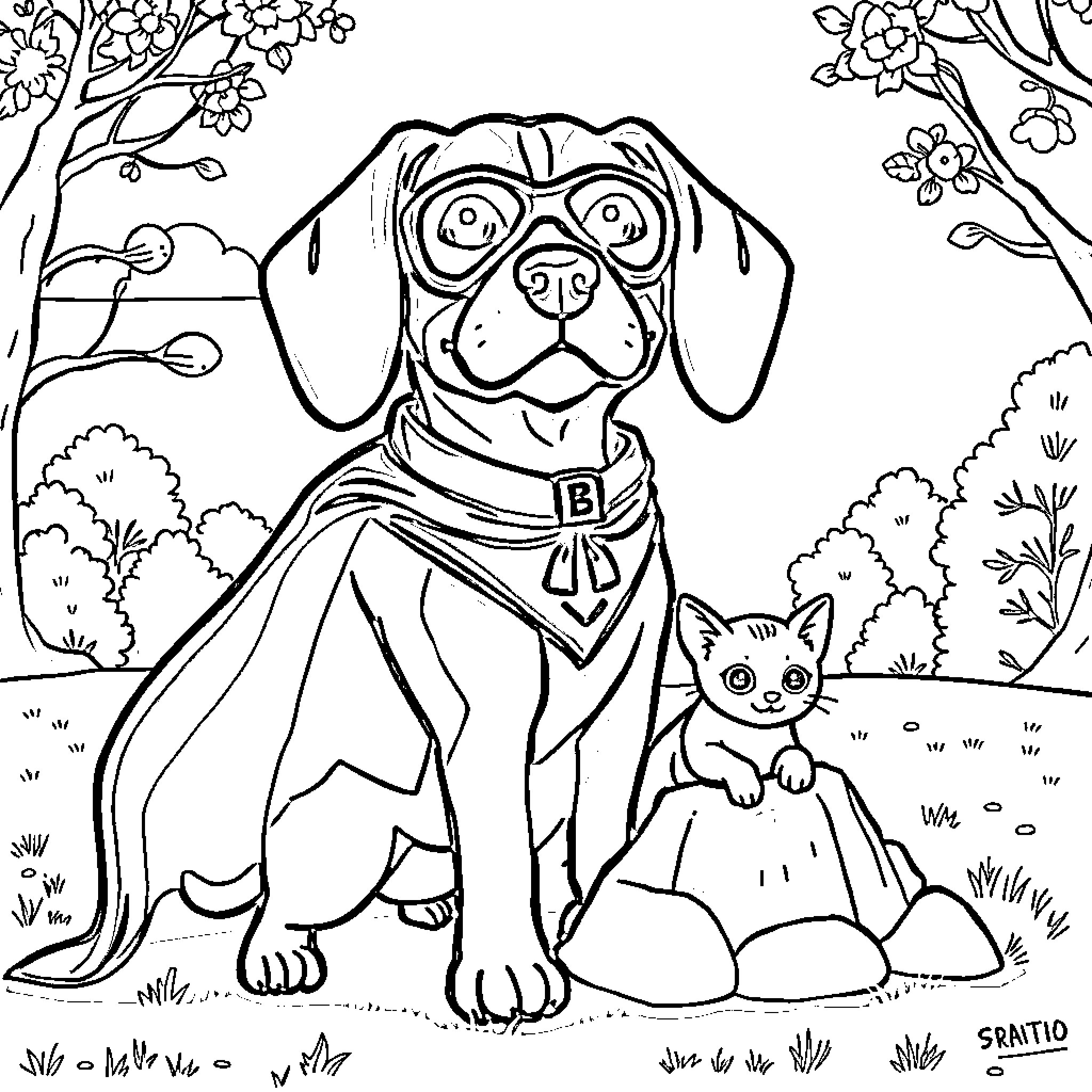 Beagle exploring the floral garden with feline companion Coloring Page (free black-and-white line drawing printable PDF for all, from beginners to advanced learners, including children, teens, adults, and seniors)