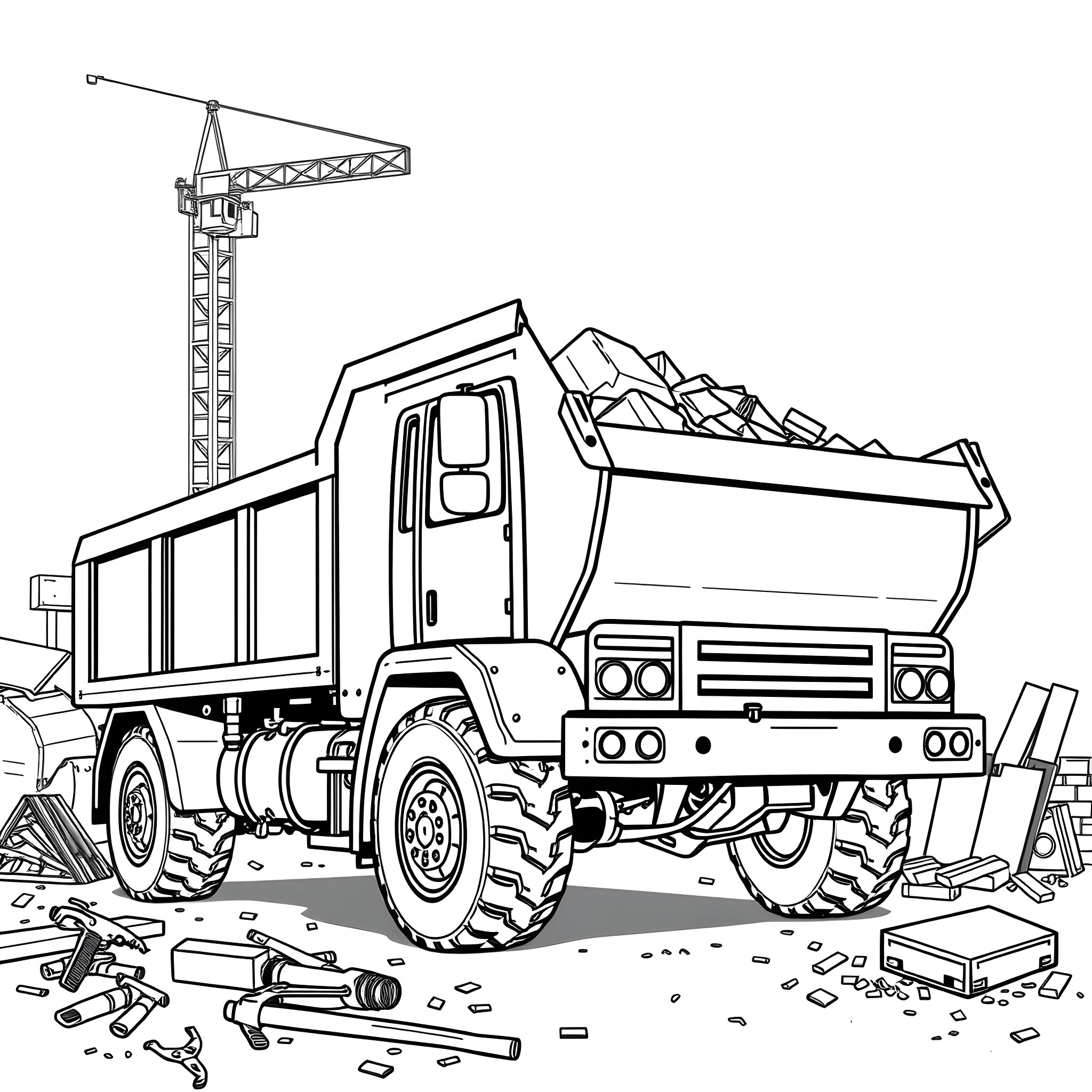 Skip Lorry Hauling Construction Materials on Site Coloring Page (free black-and-white line drawing printable PDF for all, from beginners to advanced learners, including children, teens, adults, and seniors)