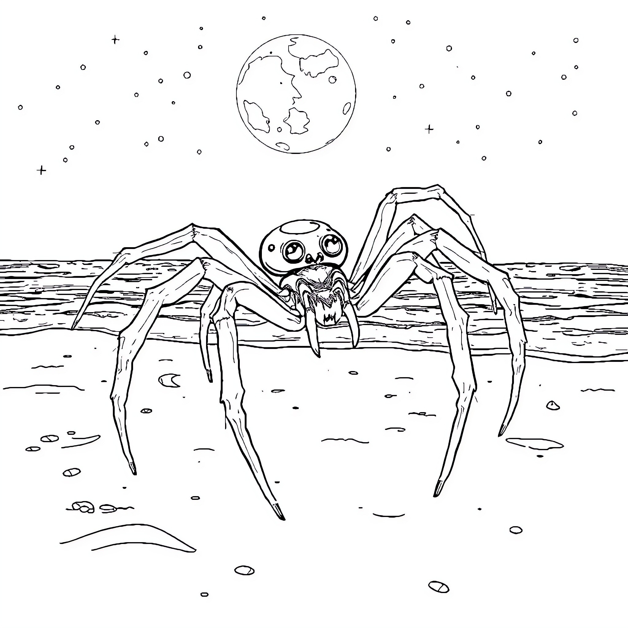 Spider lurking menacingly on the shore under the night sky Coloring Page (free black-and-white line drawing printable PDF for all, from beginners to advanced learners, including children, teens, adults, and seniors)