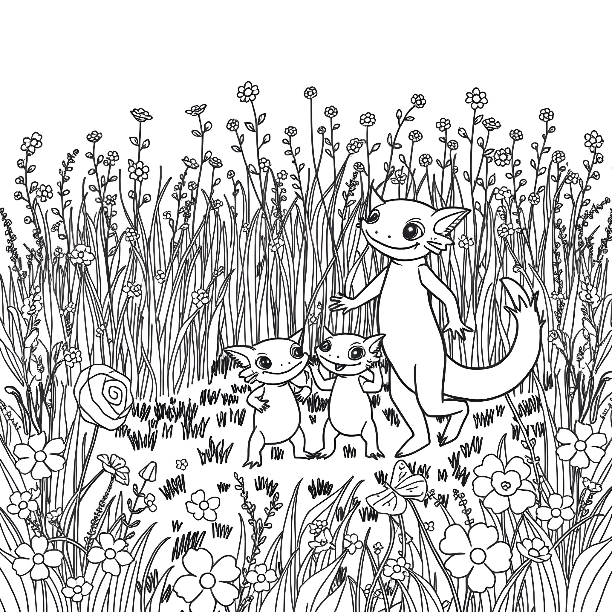 Axolotl family exploring vibrant meadow Coloring Page (free black-and-white line drawing printable PDF for all, from beginners to advanced learners, including children, teens, adults, and seniors)