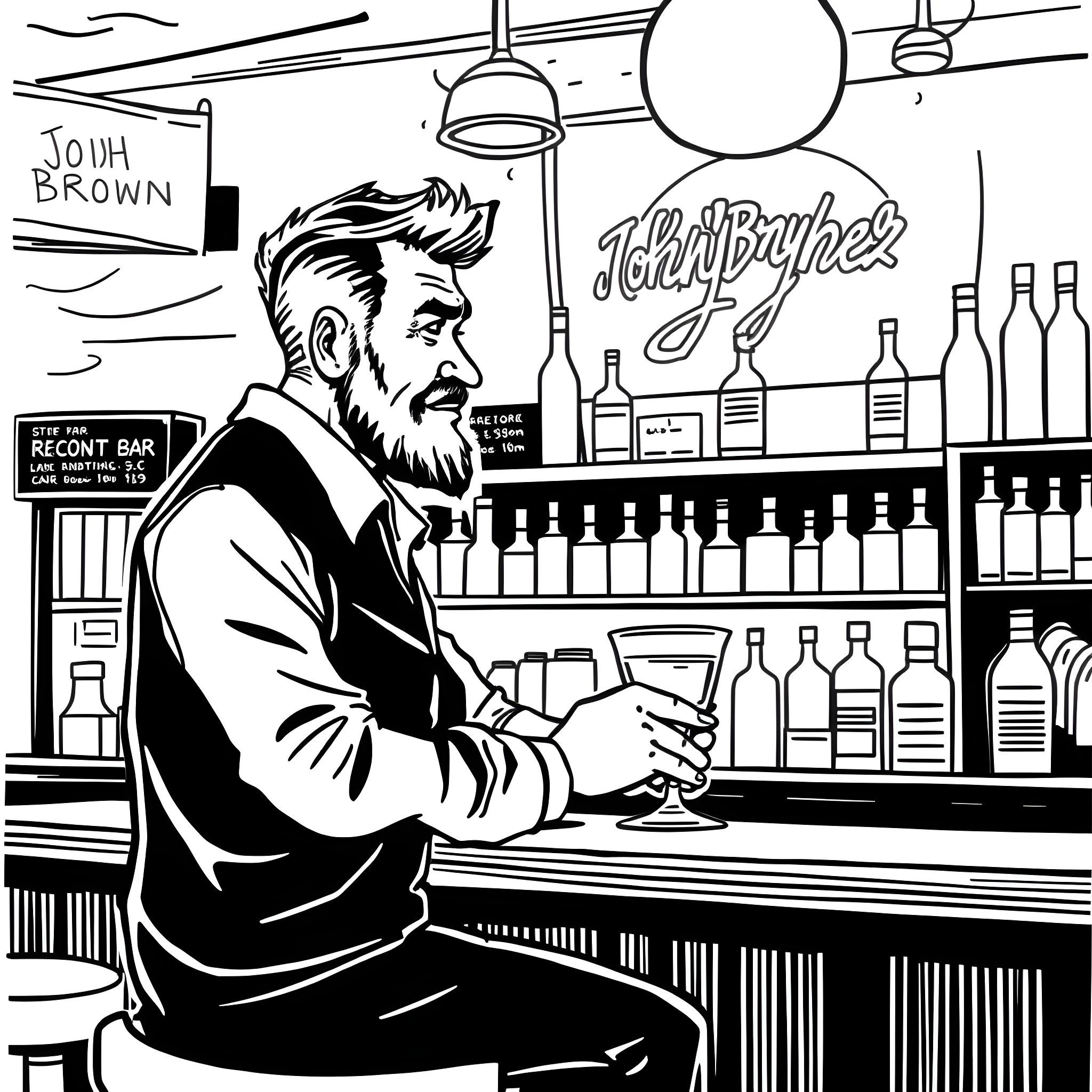John Brown sitting at a bar in a dimly lit pub Coloring Page (free black-and-white line drawing printable PDF for all, from beginners to advanced learners, including children, teens, adults, and seniors)