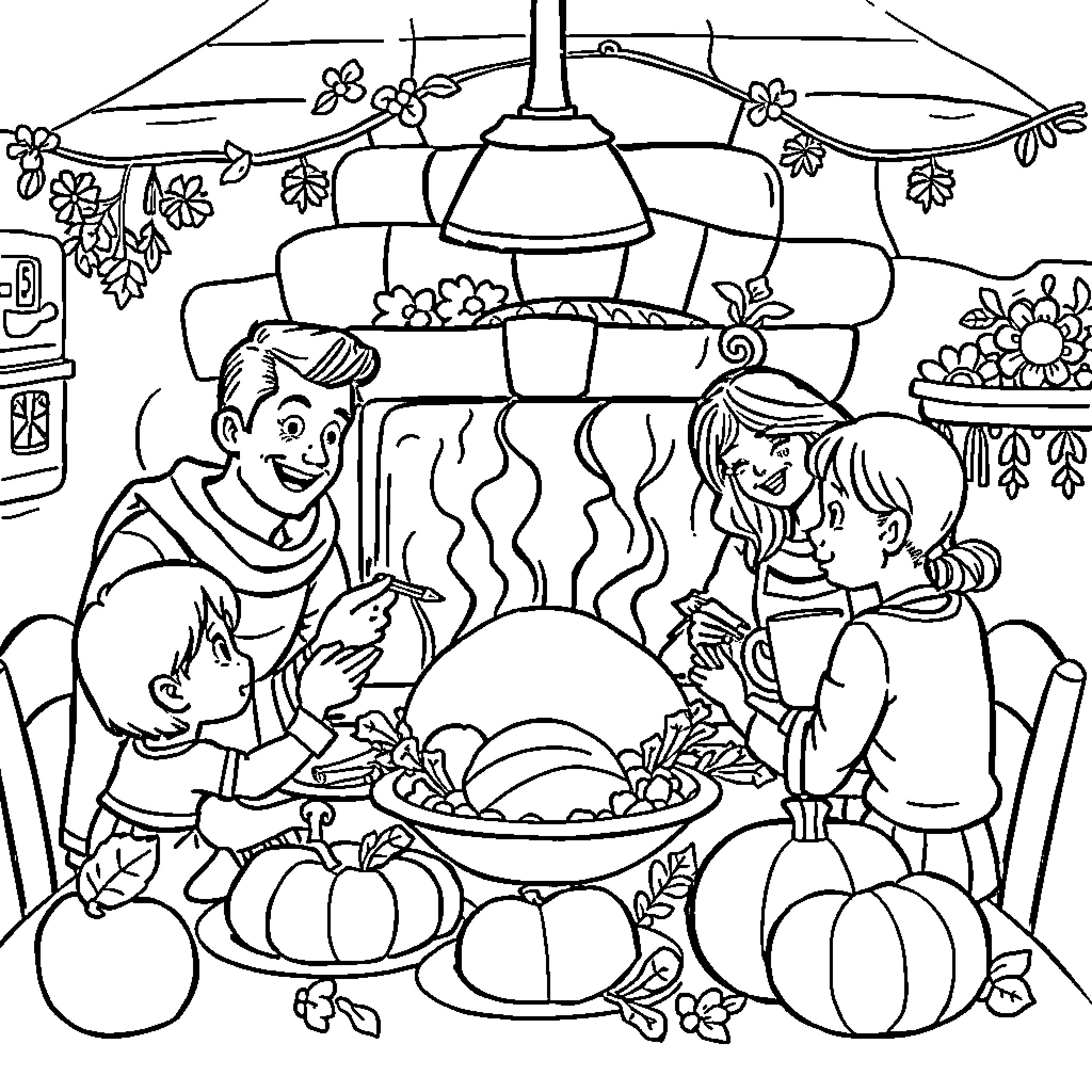 Thanksgiving Family Gathering and Feast Coloring Page (free black-and-white line drawing printable PDF for all, from beginners to advanced learners, including children, teens, adults, and seniors)