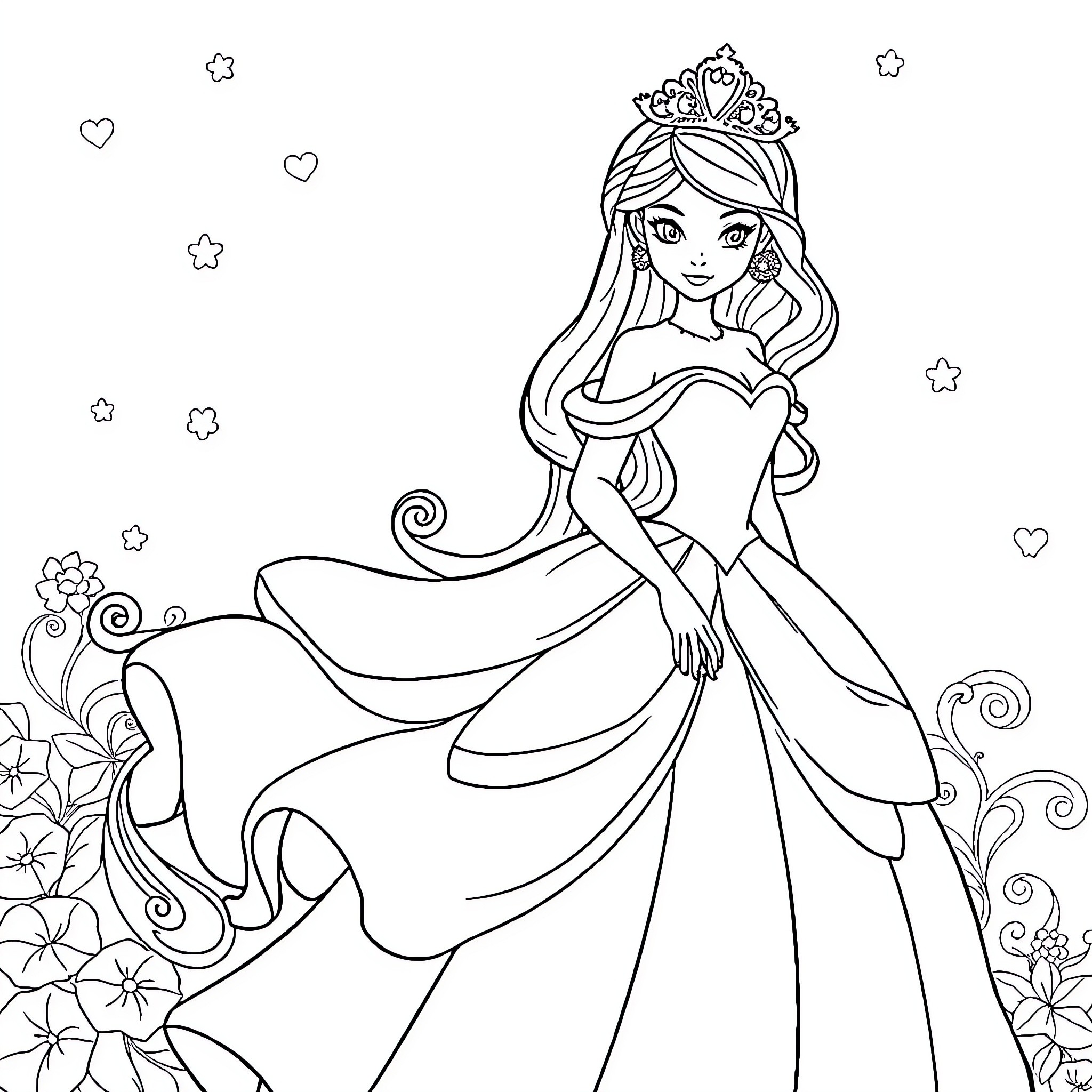 Princess in a Glamorous Gown and Tiara Coloring Page (free black-and-white line drawing printable PDF for all, from beginners to advanced learners, including children, teens, adults, and seniors)