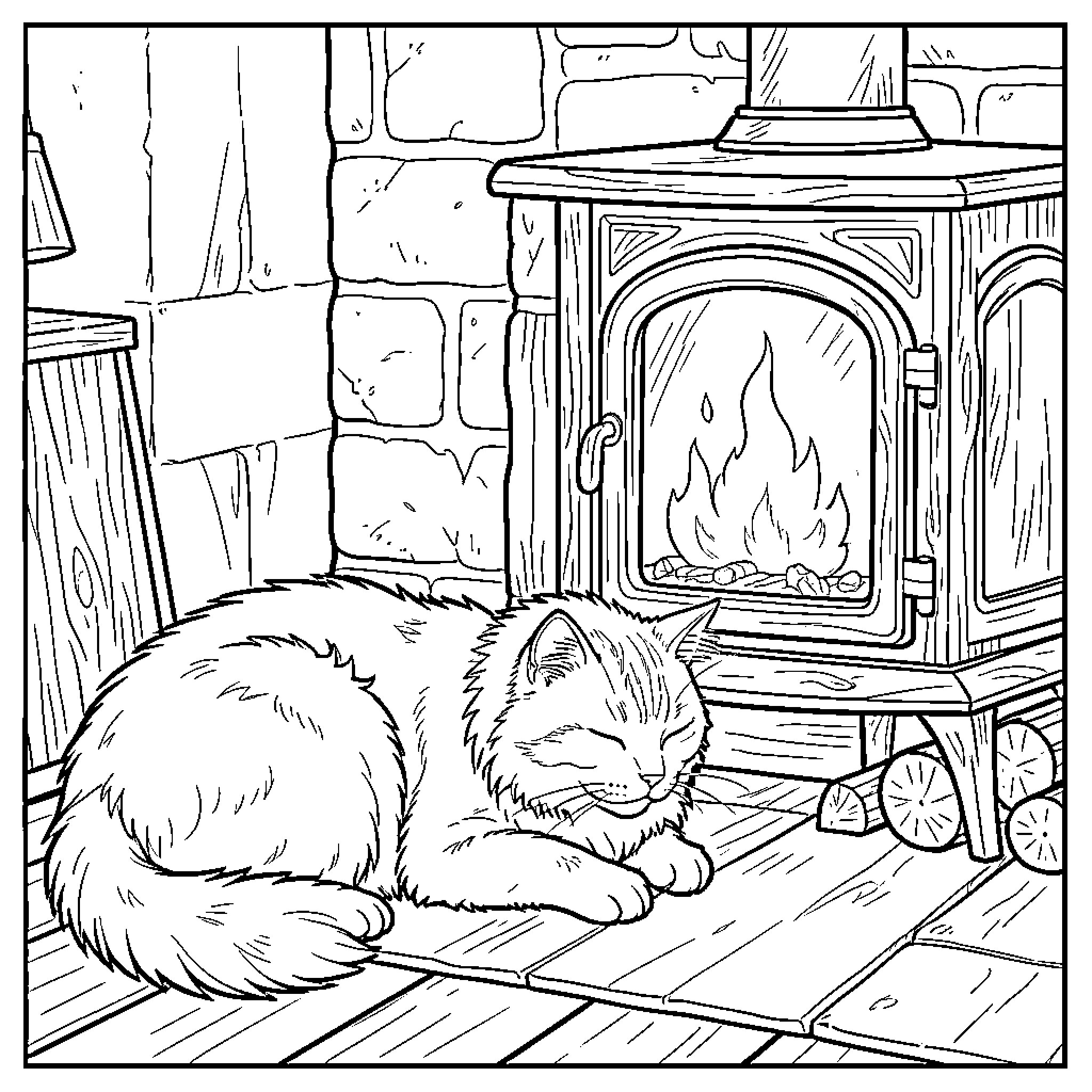 Cat Napping by Cozy Fireplace Coloring Page (free black-and-white line drawing printable PDF for all, from beginners to advanced learners, including children, teens, adults, and seniors)
