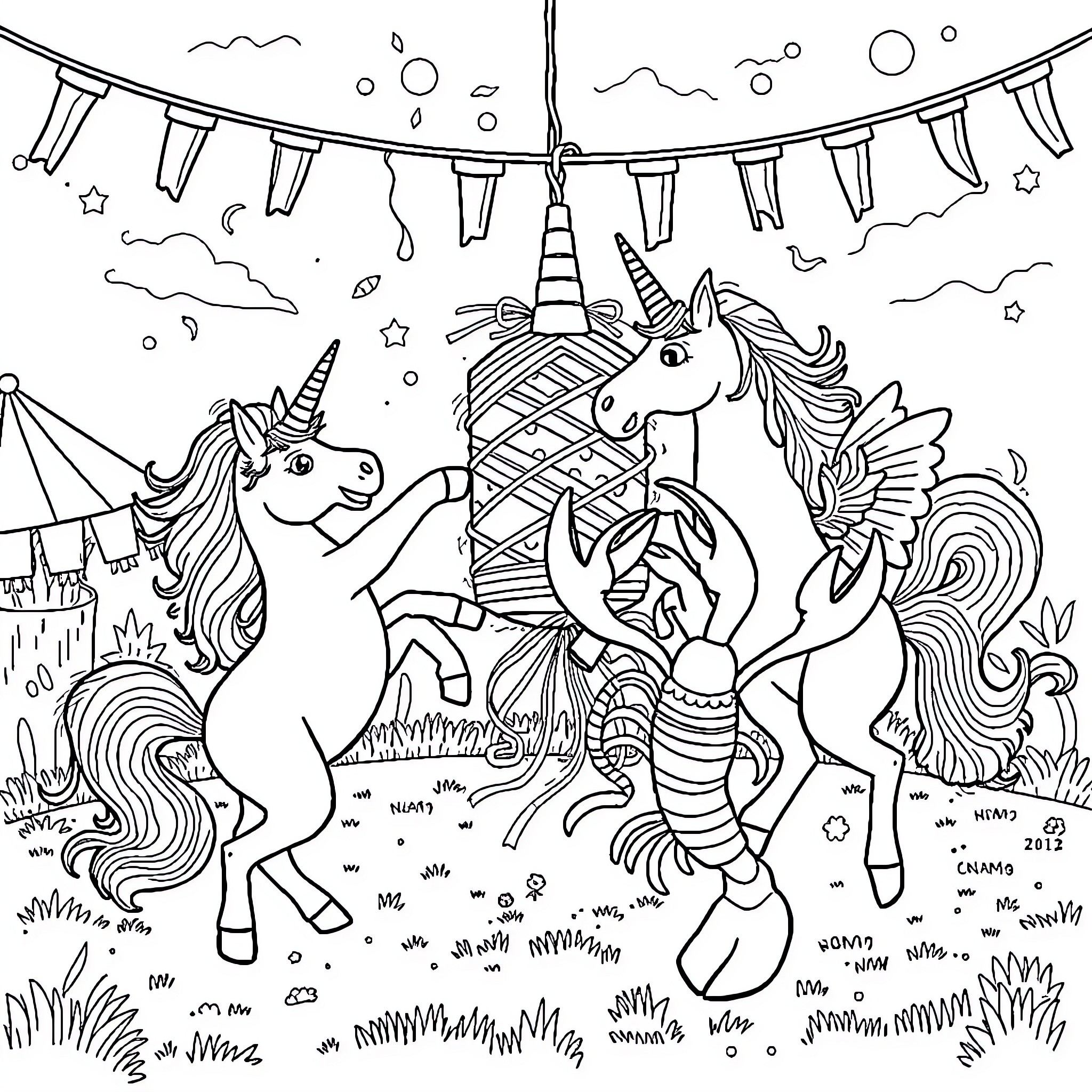 Unicorn Friends Celebrating in a Magical Party Coloring Page (free black-and-white line drawing printable PDF for all, from beginners to advanced learners, including children, teens, adults, and seniors)