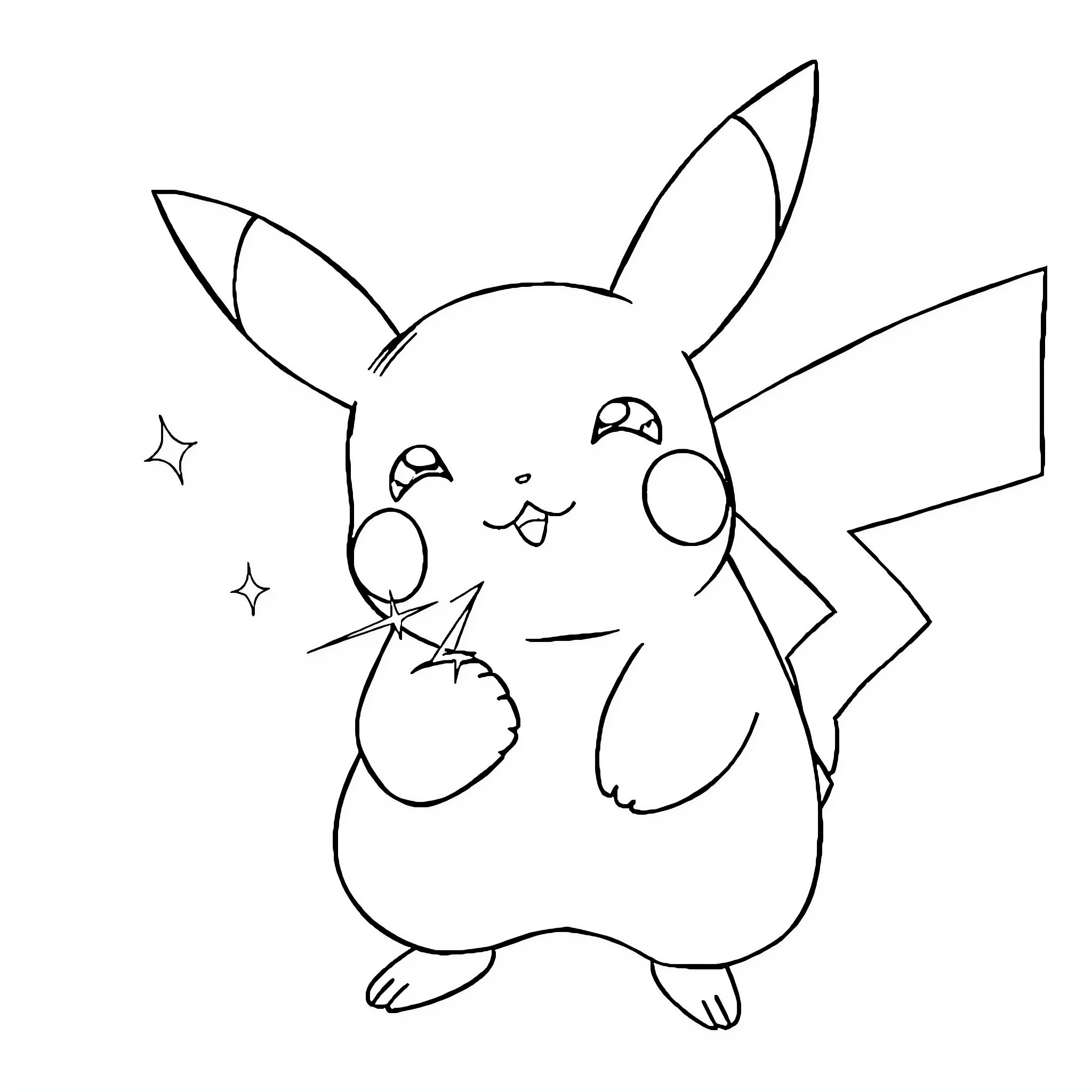 Pikachu striking a cute pose with stars Coloring Page (free black-and-white line drawing printable PDF for all, from beginners to advanced learners, including children, teens, adults, and seniors)