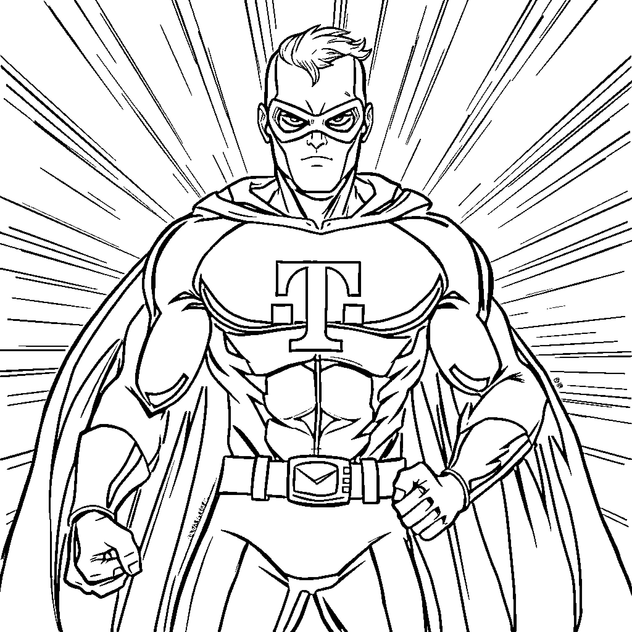 Superhero with Powerful Stance and Heroic Emblem Coloring Page (free black-and-white line drawing printable PDF for all, from beginners to advanced learners, including children, teens, adults, and seniors)