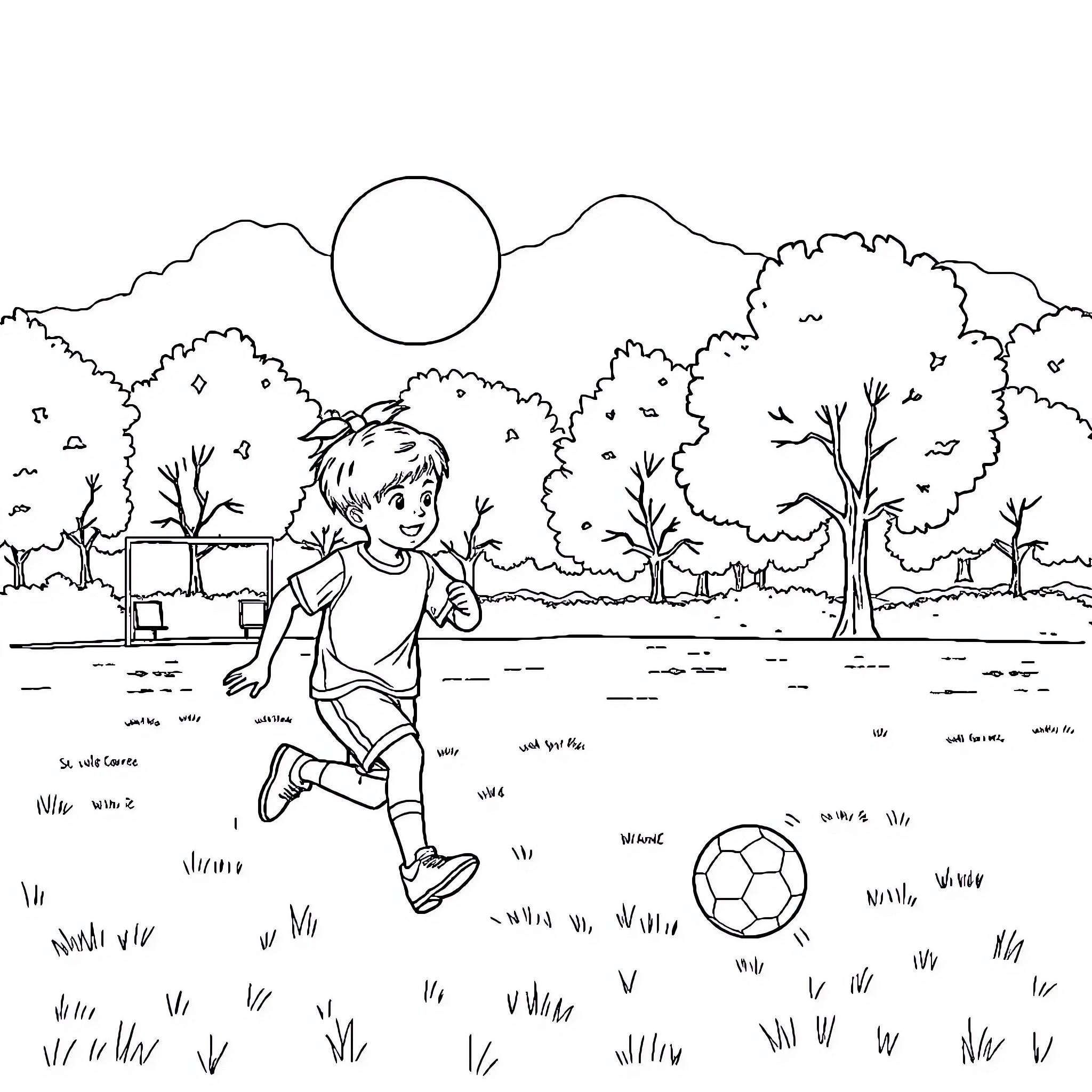 Boy playing with soccer ball in park Coloring Page (free black-and-white line drawing printable PDF for all, from beginners to advanced learners, including children, teens, adults, and seniors)