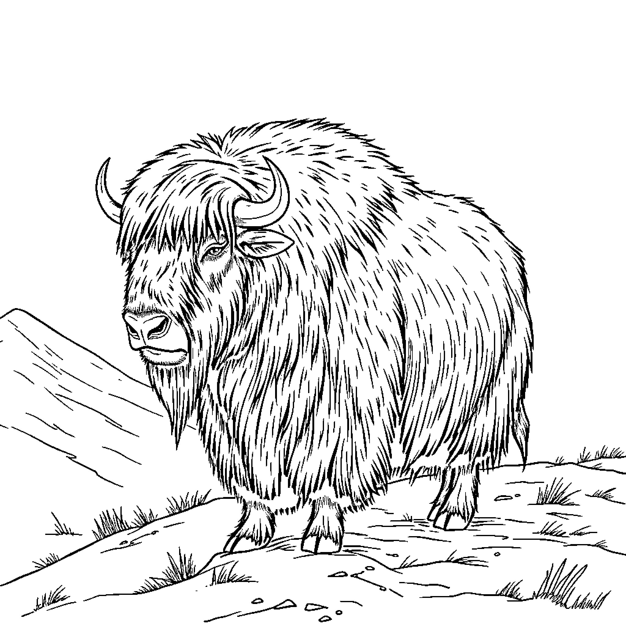 Musk Ox standing alert on rocky terrain Coloring Page (free black-and-white line drawing printable PDF for all, from beginners to advanced learners, including children, teens, adults, and seniors)