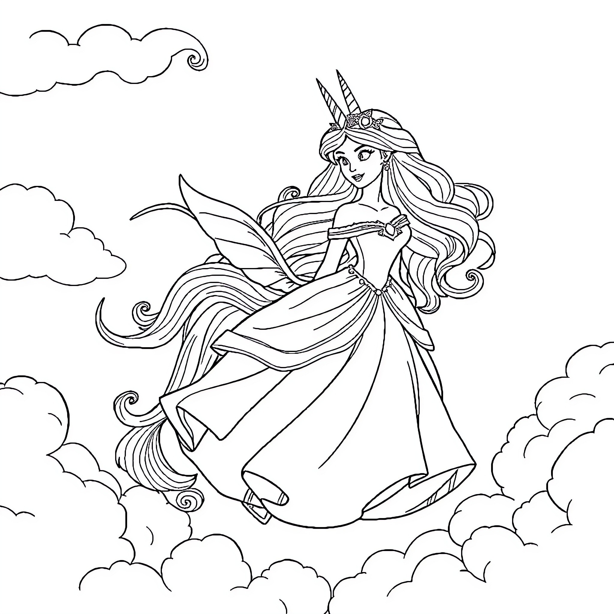 Princess Soaring Among Whimsical Clouds Coloring Page (free black-and-white line drawing printable PDF for all, from beginners to advanced learners, including children, teens, adults, and seniors)