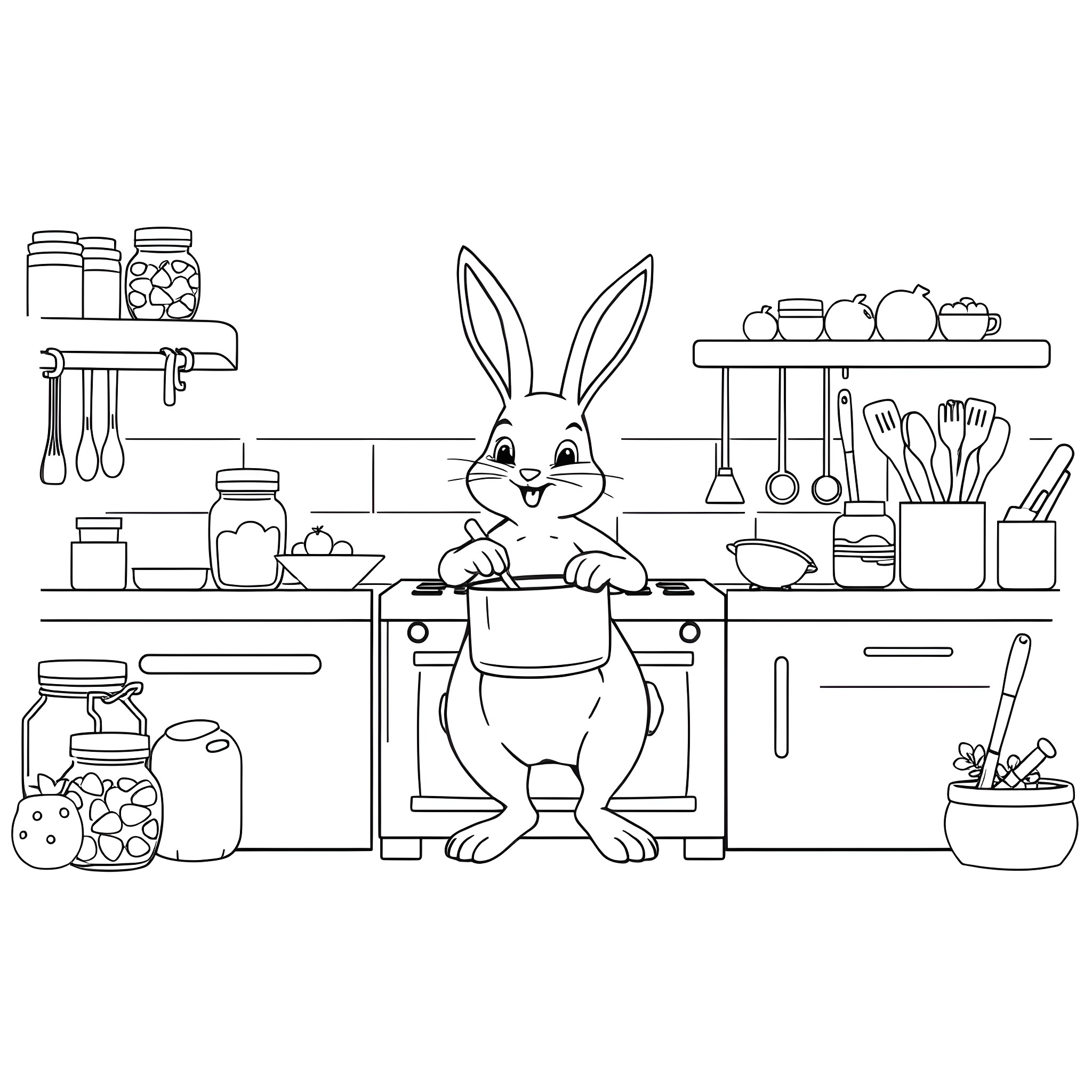 Bunny cooking happily in the kitchen Coloring Page (free black-and-white line drawing printable PDF for all, from beginners to advanced learners, including children, teens, adults, and seniors)
