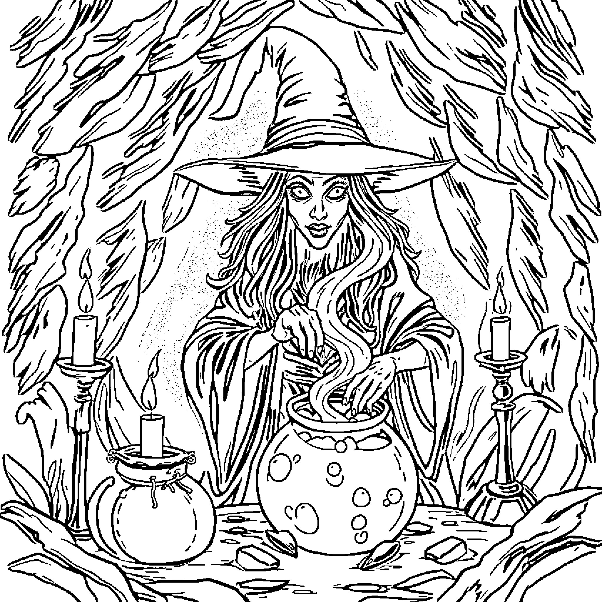 Witch stirring a magical potion in a mystical forest Coloring Page (free black-and-white line drawing printable PDF for all, from beginners to advanced learners, including children, teens, adults, and seniors)