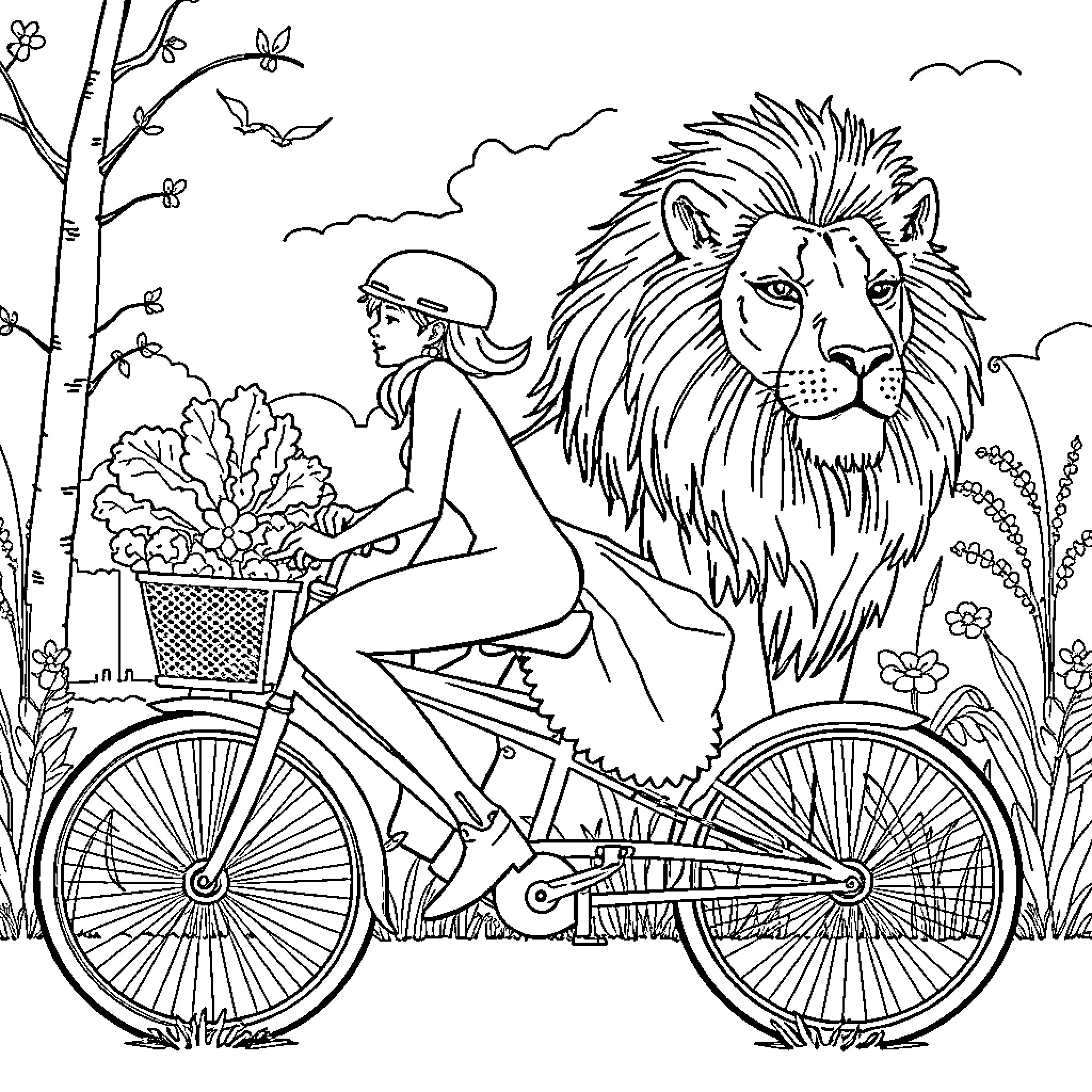 Salad of Nature's Wonders: Girl Bicycling Past Majestic Lion Coloring Page (free black-and-white line drawing printable PDF for all, from beginners to advanced learners, including children, teens, adults, and seniors)