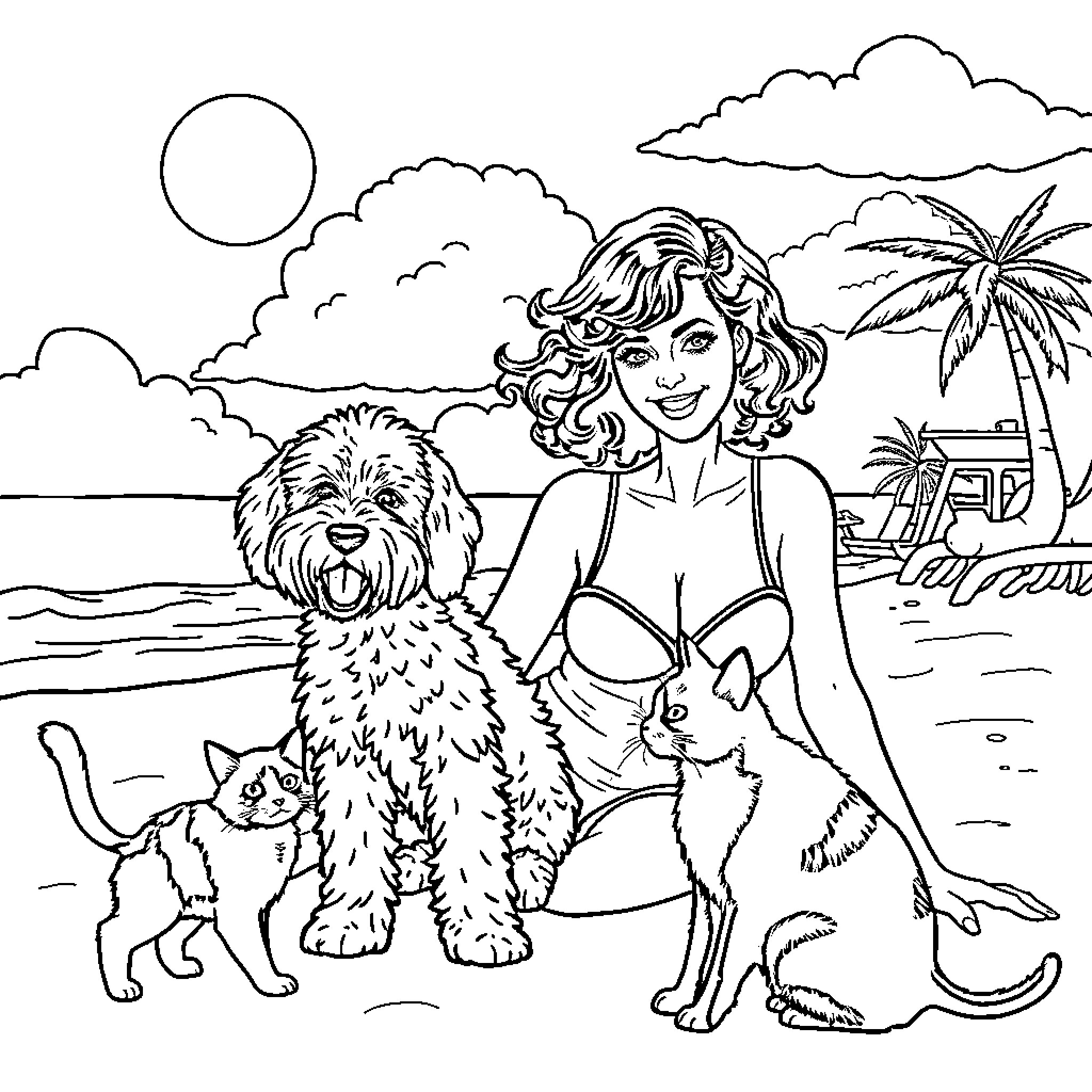 Woman relaxing with pets on a tropical beach Coloring Page (free black-and-white line drawing printable PDF for all, from beginners to advanced learners, including children, teens, adults, and seniors)