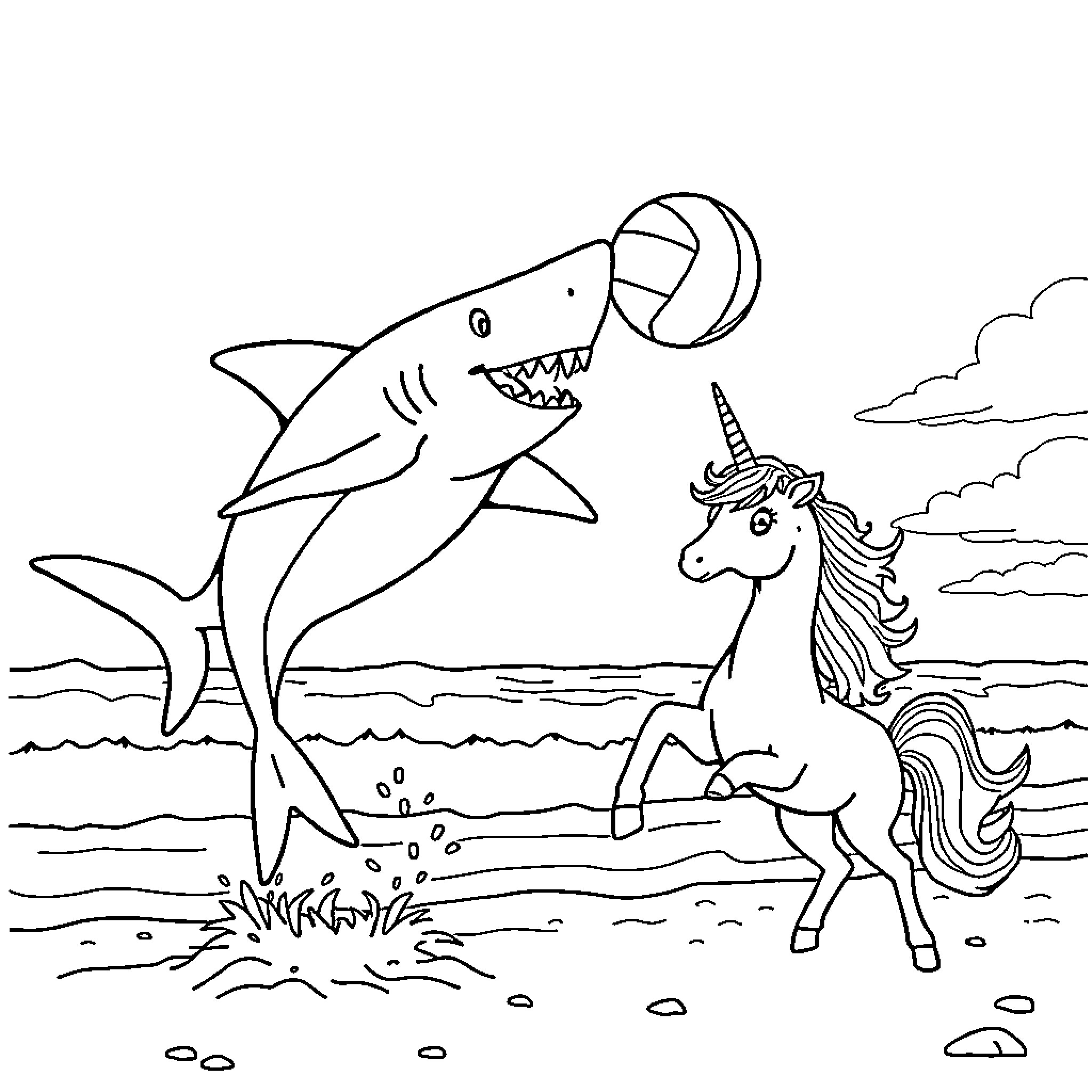 Shark chasing a unicorn on the beach Coloring Page (free black-and-white line drawing printable PDF for all, from beginners to advanced learners, including children, teens, adults, and seniors)
