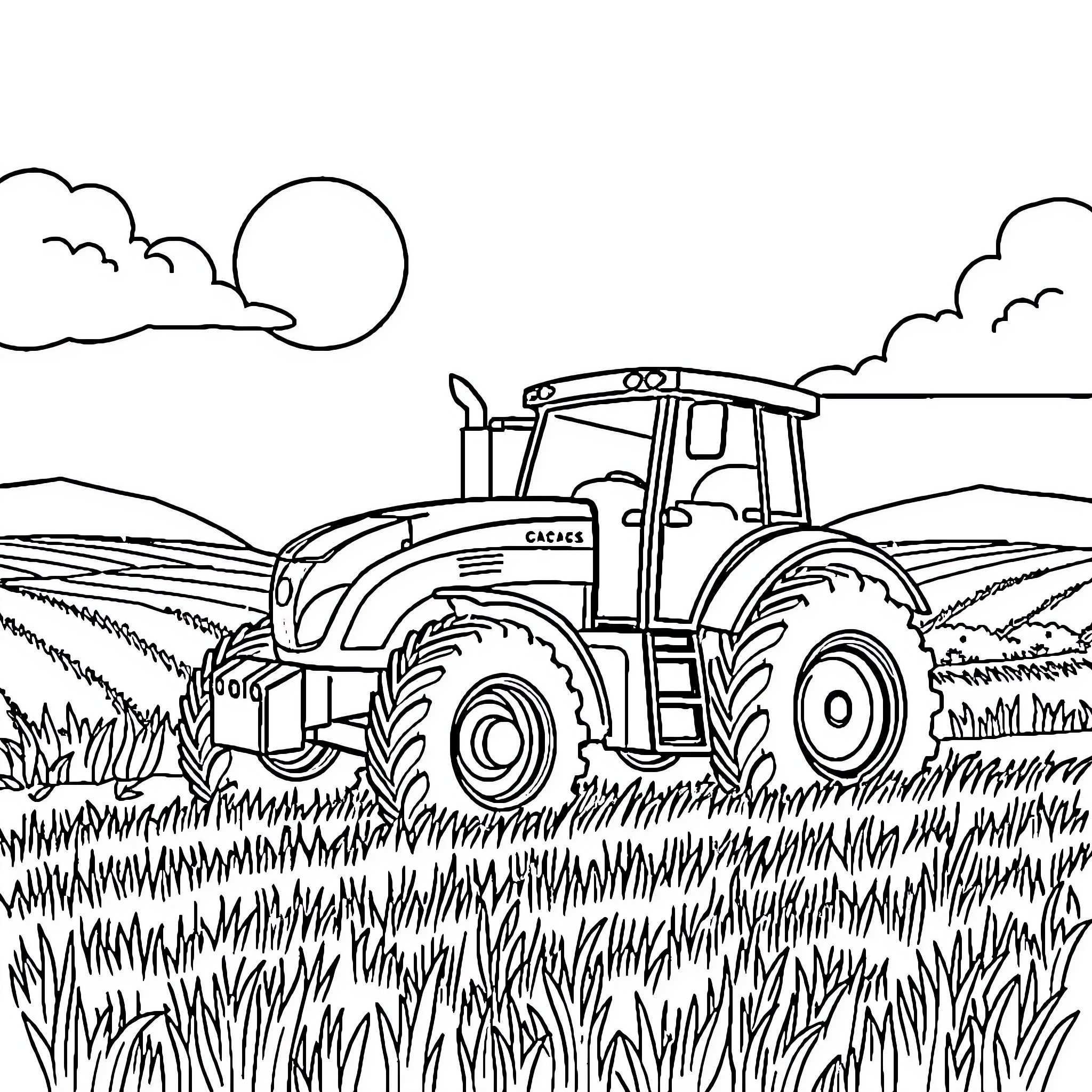 Tractor plowing the field on a sunny day Coloring Page (free black-and-white line drawing printable PDF for all, from beginners to advanced learners, including children, teens, adults, and seniors)
