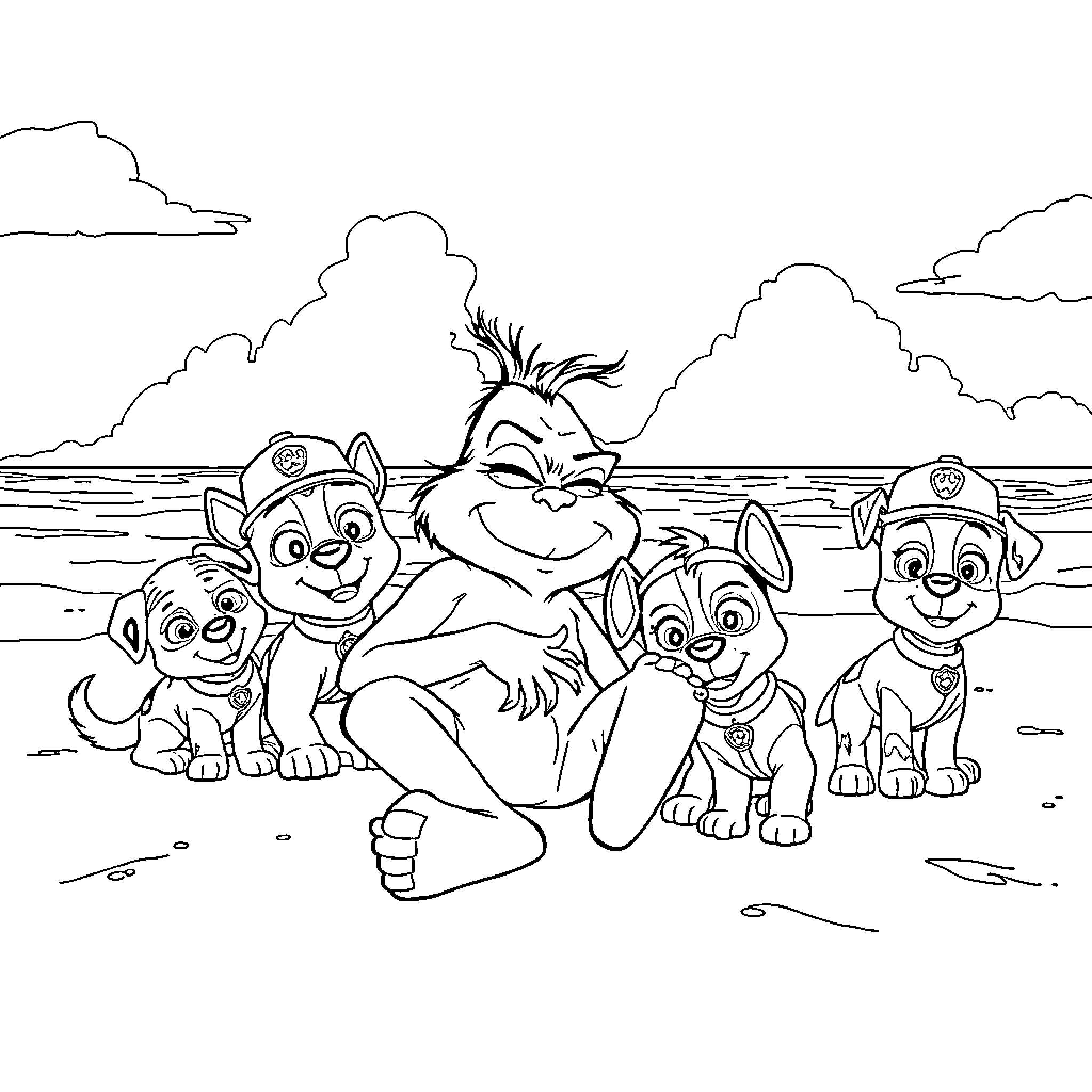 Grinch frolicking with cartoon puppies on the beach Coloring Page (free black-and-white line drawing printable PDF for all, from beginners to advanced learners, including children, teens, adults, and seniors)