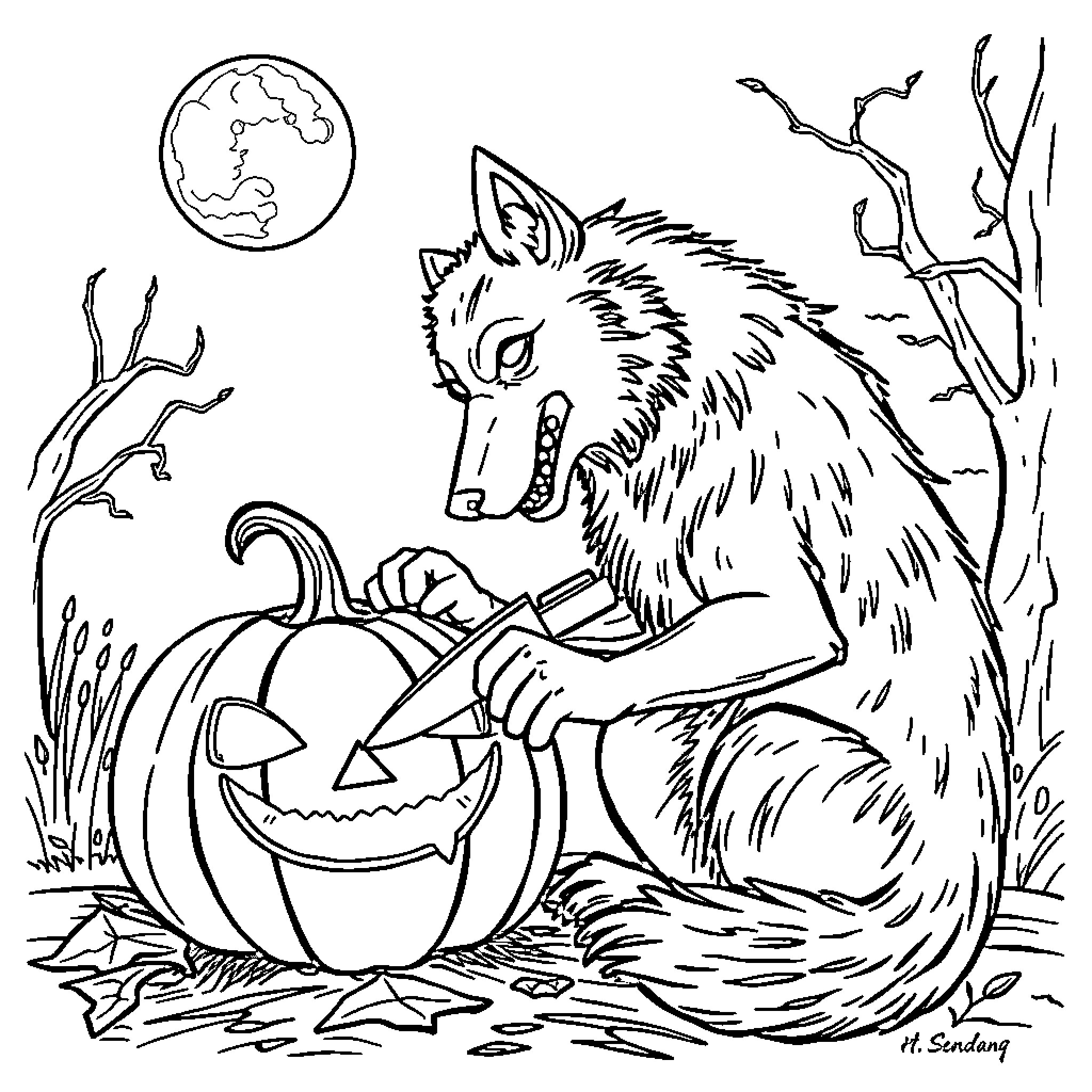 Jack-o'-lantern and howling wolf in the moonlight Coloring Page (free black-and-white line drawing printable PDF for all, from beginners to advanced learners, including children, teens, adults, and seniors)