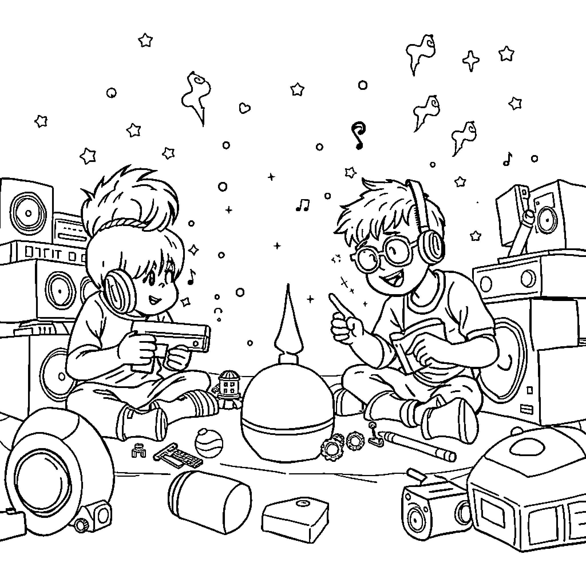 K Pop Artists Enjoying Music and Gaming Coloring Page (free black-and-white line drawing printable PDF for all, from beginners to advanced learners, including children, teens, adults, and seniors)