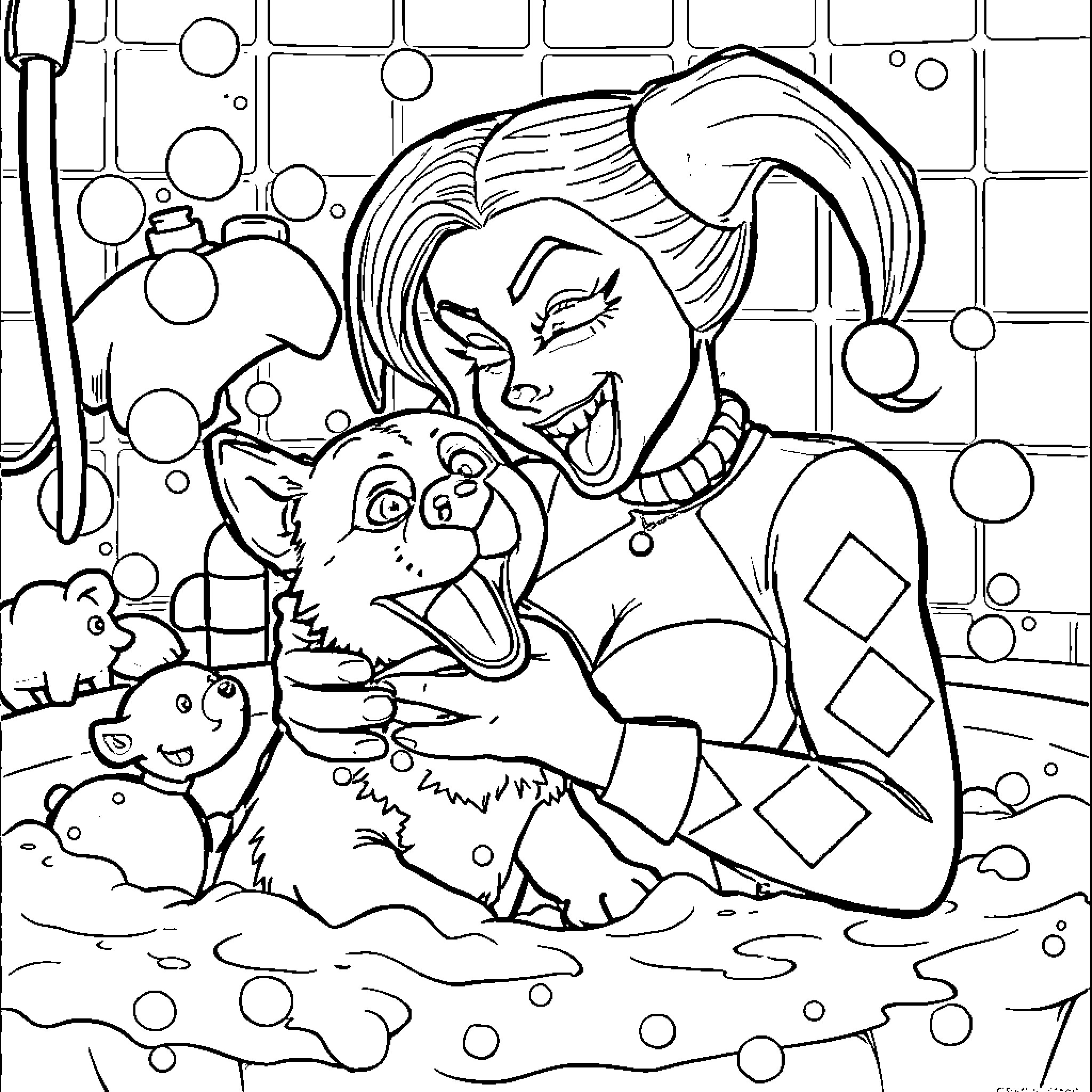 Harley Quinn playing with pets in a bubble-filled room Coloring Page (free black-and-white line drawing printable PDF for all, from beginners to advanced learners, including children, teens, adults, and seniors)