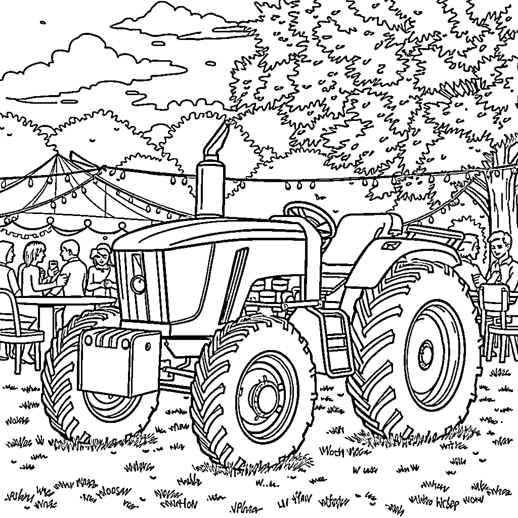 Tractor in Pastoral Countryside Scene Coloring Page (free black-and-white line drawing printable PDF for all, from beginners to advanced learners, including children, teens, adults, and seniors)