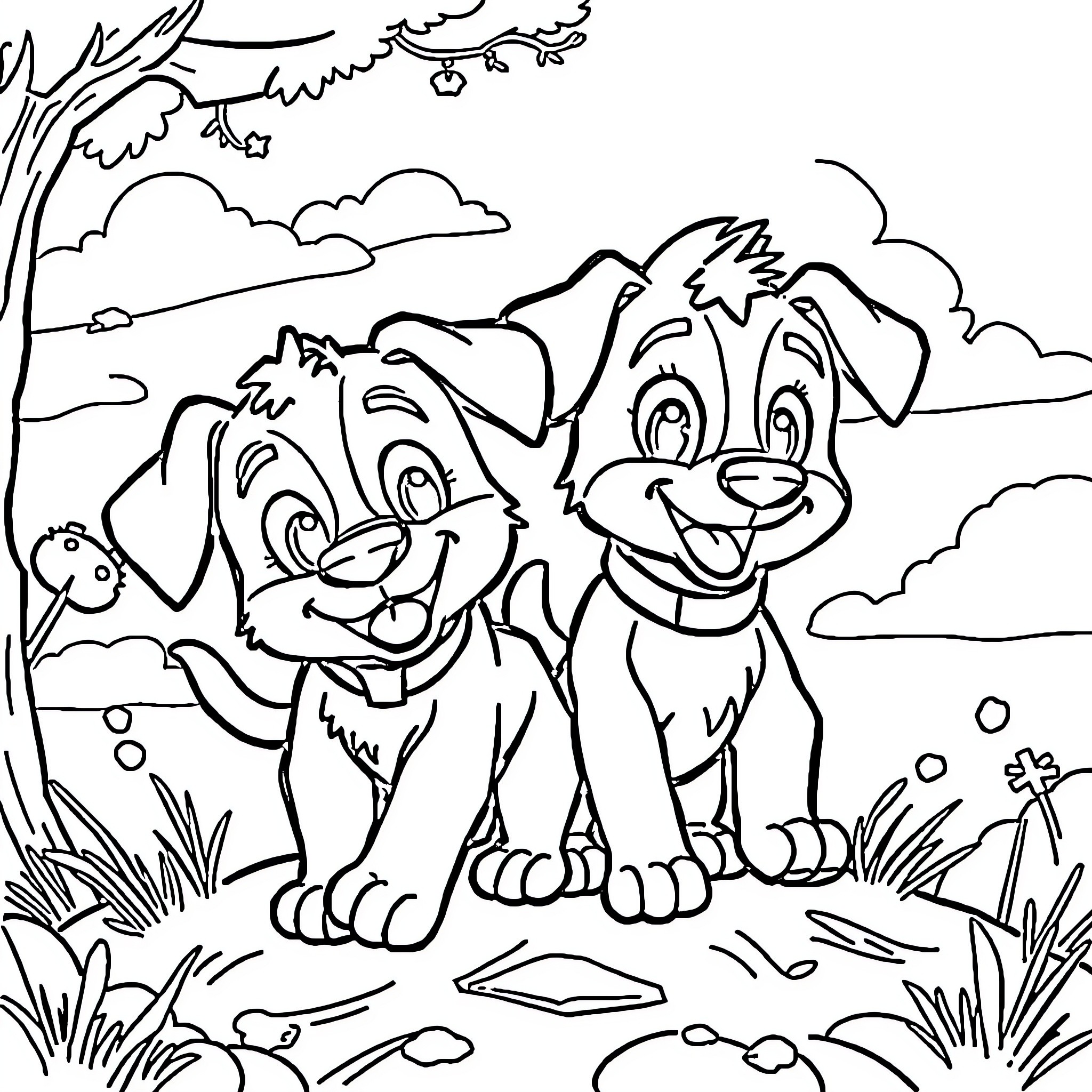 Bluey and friend playing outdoors in the park Coloring Page (free black-and-white line drawing printable PDF for all, from beginners to advanced learners, including children, teens, adults, and seniors)