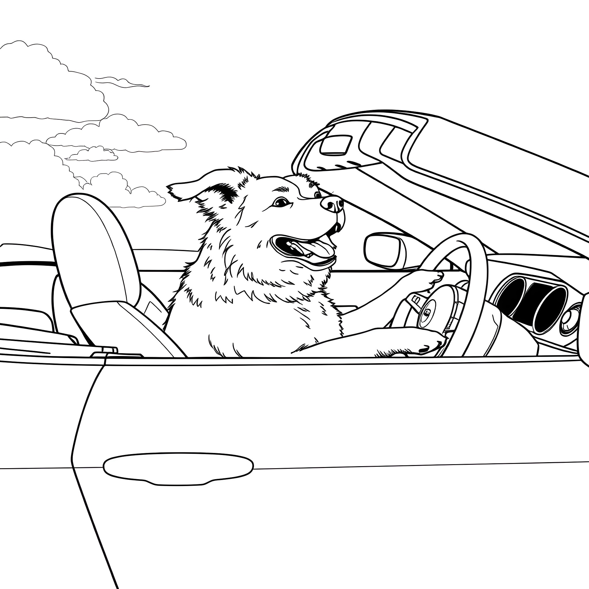 Dog driving a car on a road trip Coloring Page (free black-and-white line drawing printable PDF for all, from beginners to advanced learners, including children, teens, adults, and seniors)