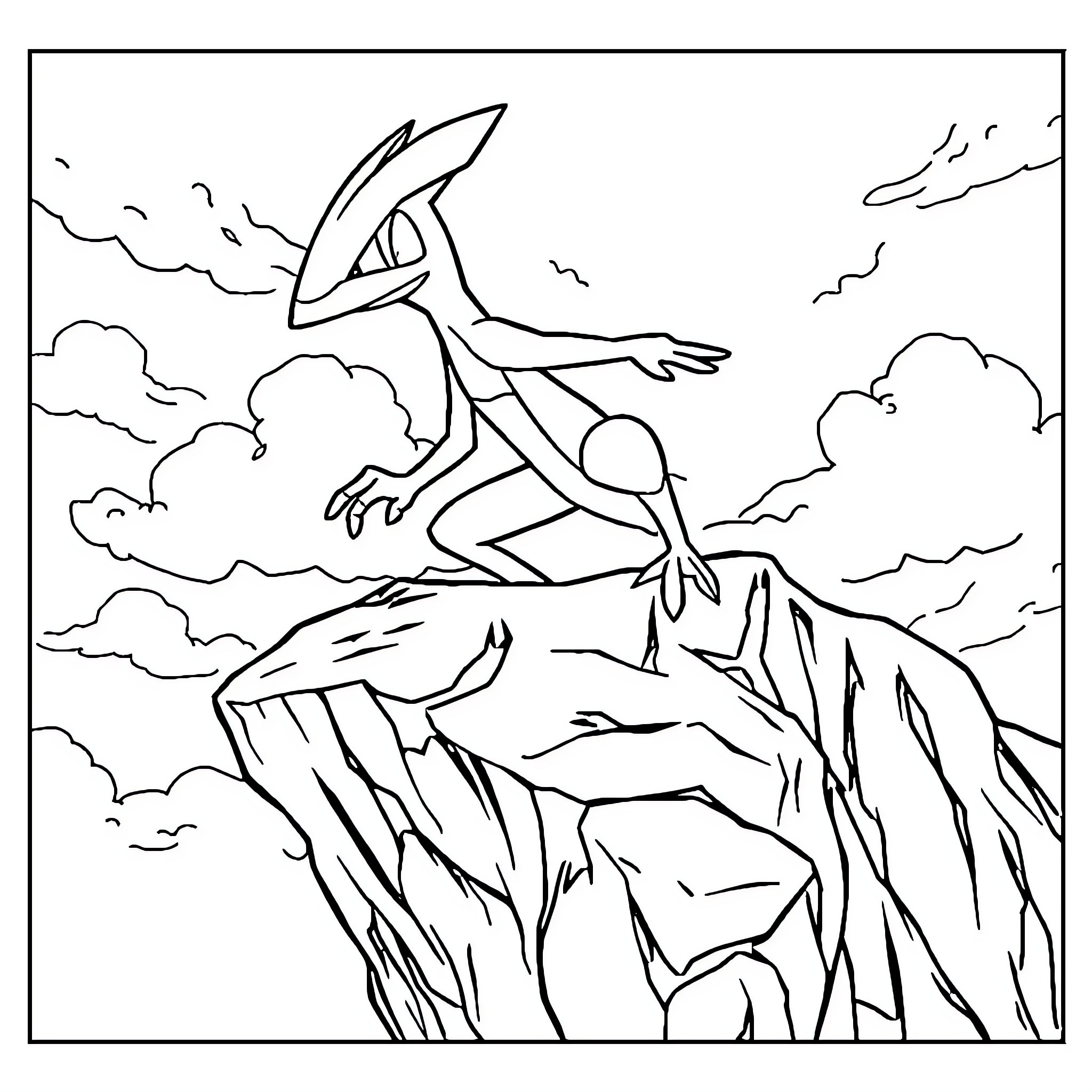 Greninja leaping across a rocky cliff Coloring Page (free black-and-white line drawing printable PDF for all, from beginners to advanced learners, including children, teens, adults, and seniors)