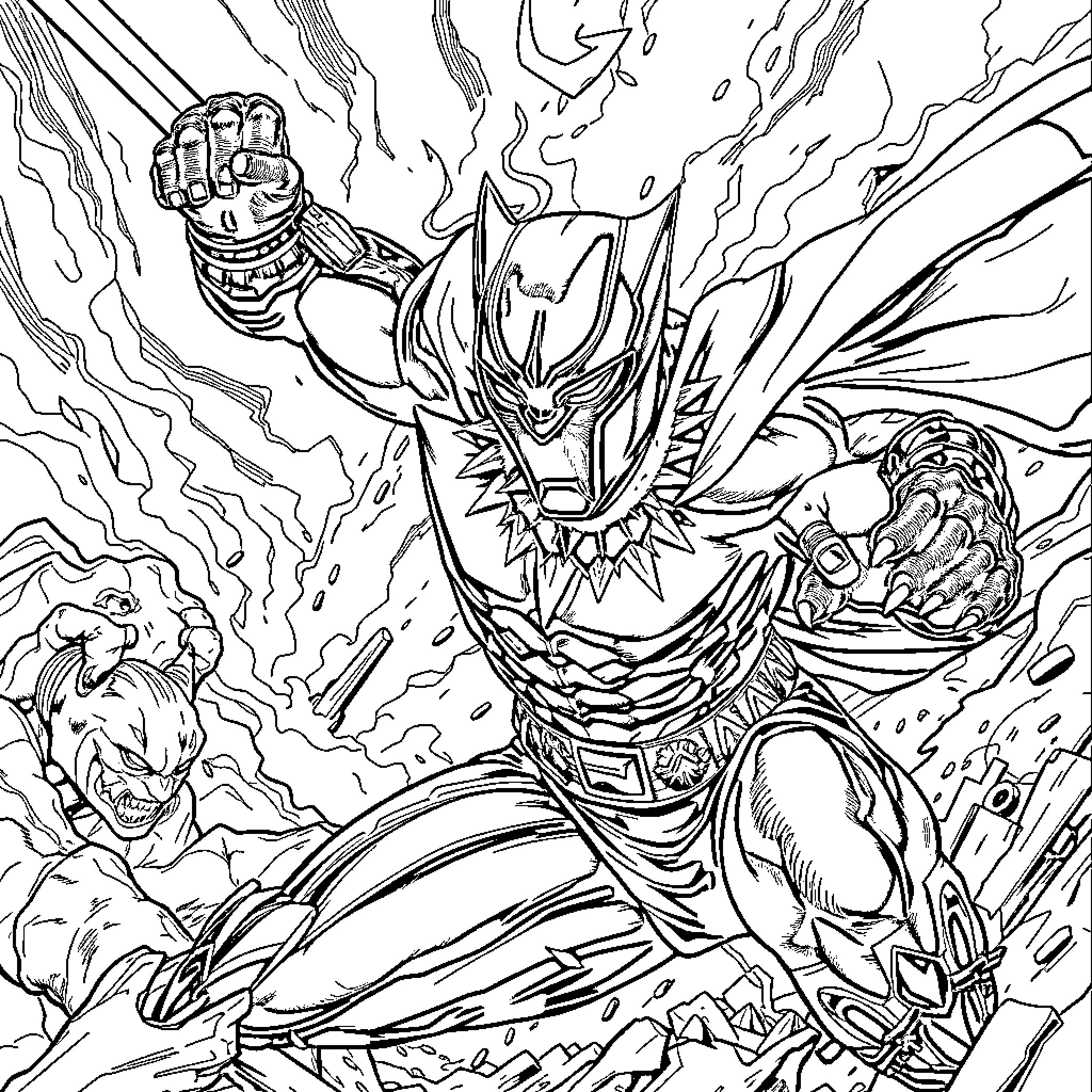Panther-like Warrior in Fierce Battle Coloring Page (free black-and-white line drawing printable PDF for all, from beginners to advanced learners, including children, teens, adults, and seniors)