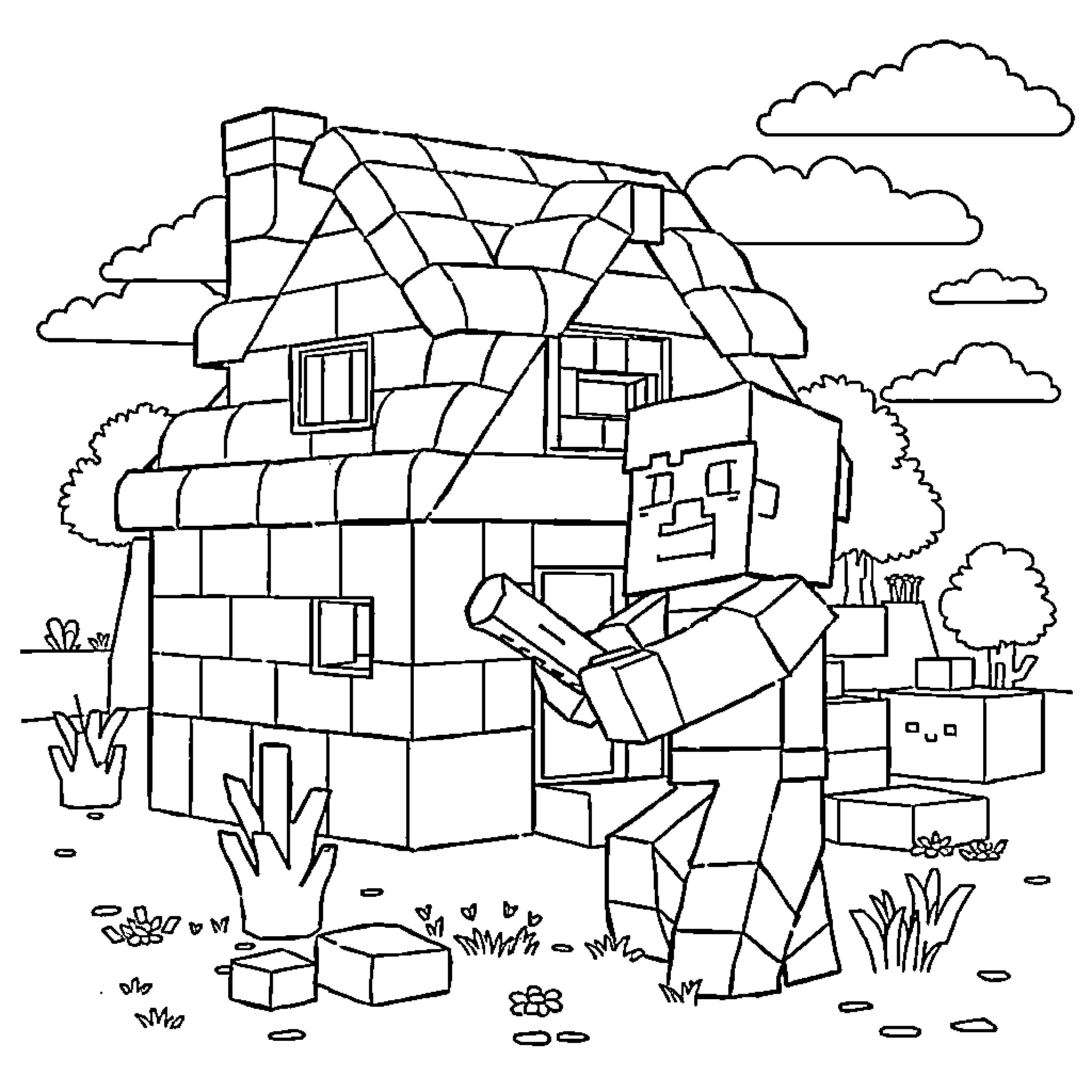 Minecraft character exploring a blocky landscape Coloring Page (free black-and-white line drawing printable PDF for all, from beginners to advanced learners, including children, teens, adults, and seniors)