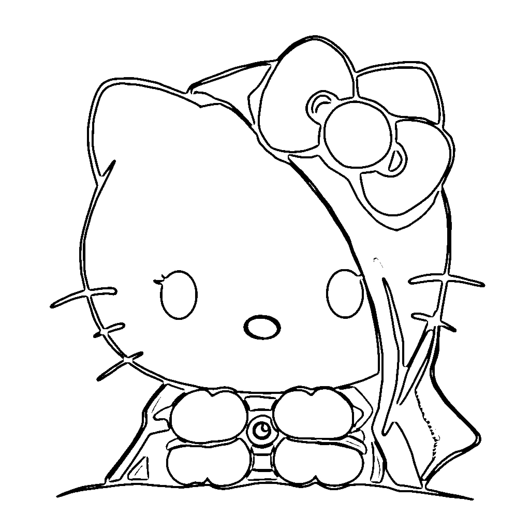 Hello Kitty sitting with flower petals Coloring Page (free black-and-white line drawing printable PDF for all, from beginners to advanced learners, including children, teens, adults, and seniors)