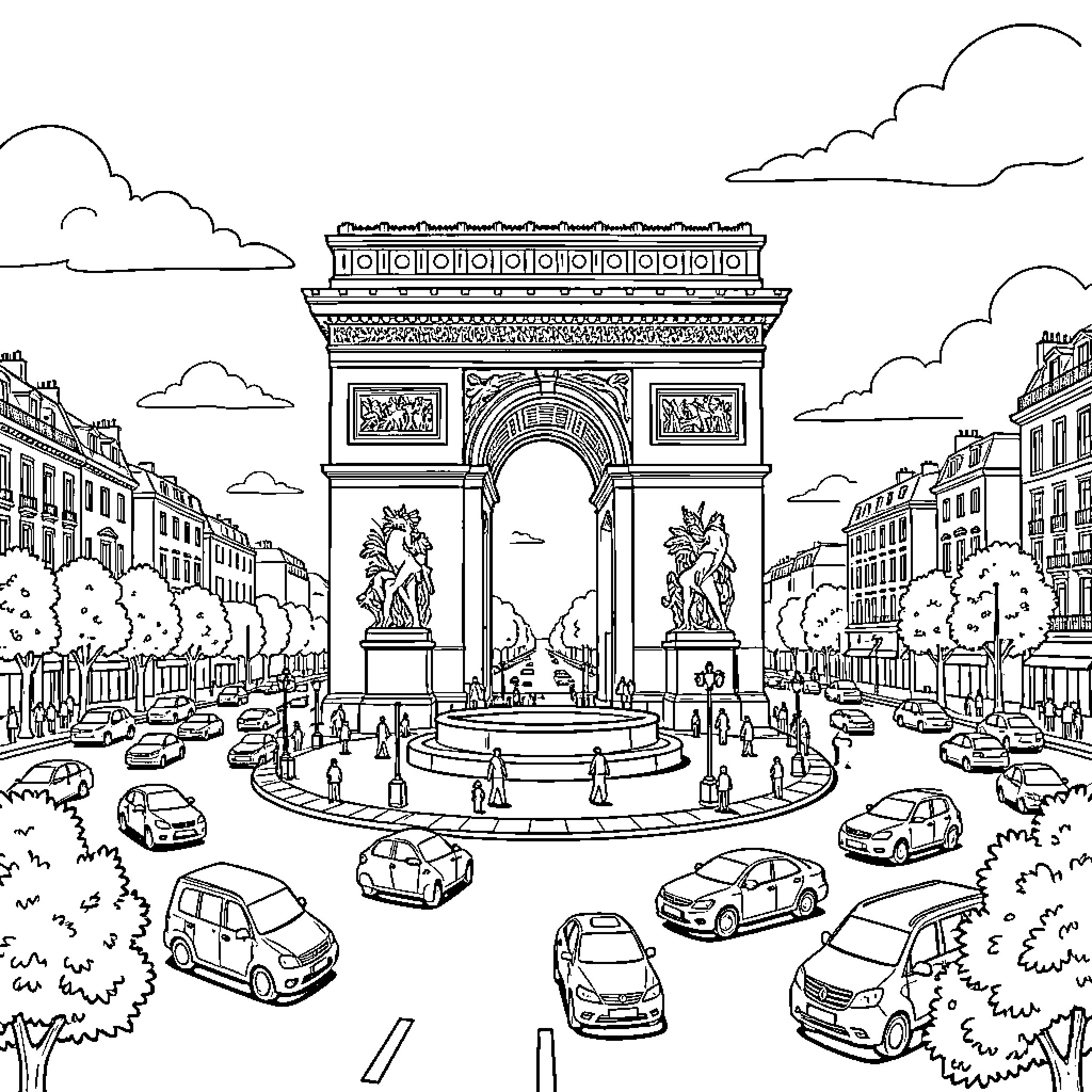 Arc de Triomphe surrounded by busy city traffic Coloring Page (free black-and-white line drawing printable PDF for all, from beginners to advanced learners, including children, teens, adults, and seniors)