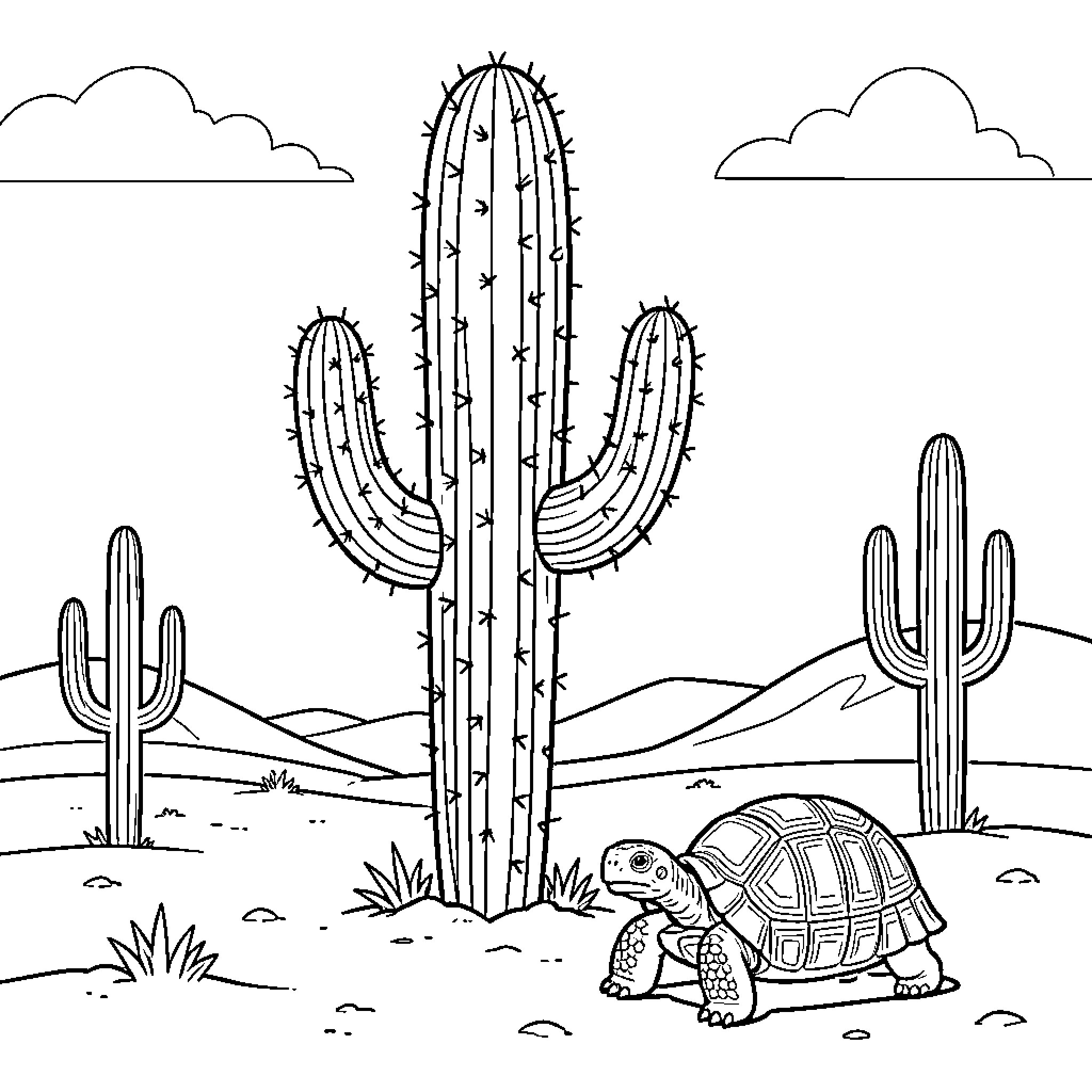 Cactus standing tall in a desert landscape with a turtle Coloring Page (free black-and-white line drawing printable PDF for all, from beginners to advanced learners, including children, teens, adults, and seniors)