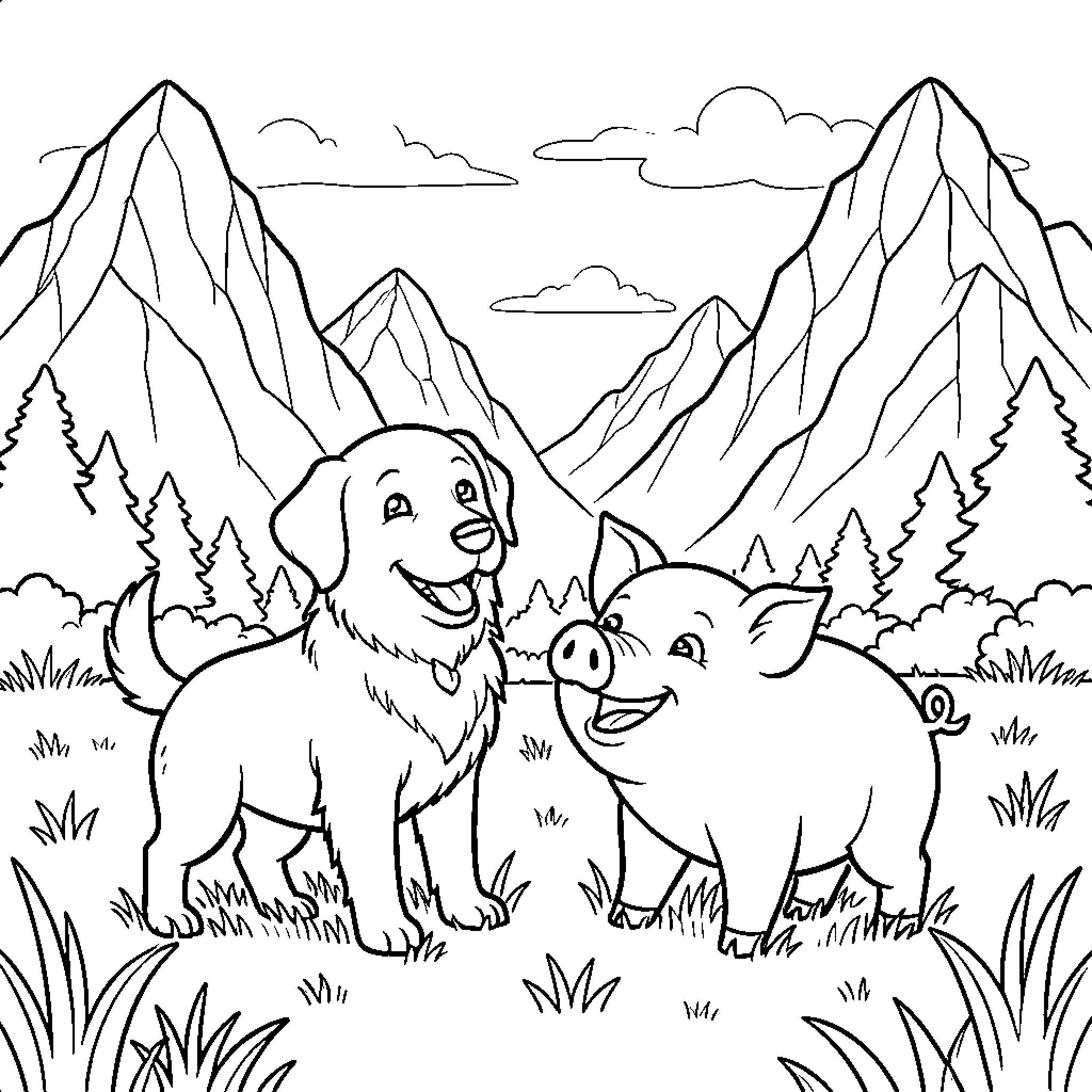 Dog and Pig Explore the Mountain Scenery Coloring Page (free black-and-white line drawing printable PDF for all, from beginners to advanced learners, including children, teens, adults, and seniors)