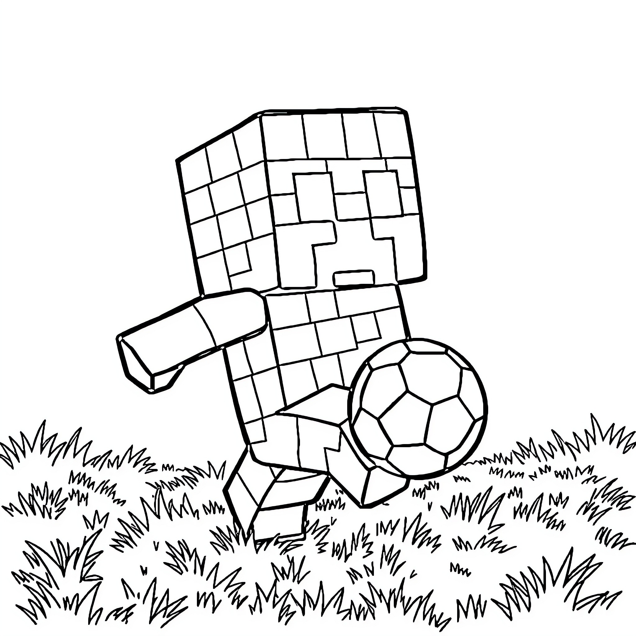 Creeper playing soccer in the grass Coloring Page (free black-and-white line drawing printable PDF for all, from beginners to advanced learners, including children, teens, adults, and seniors)