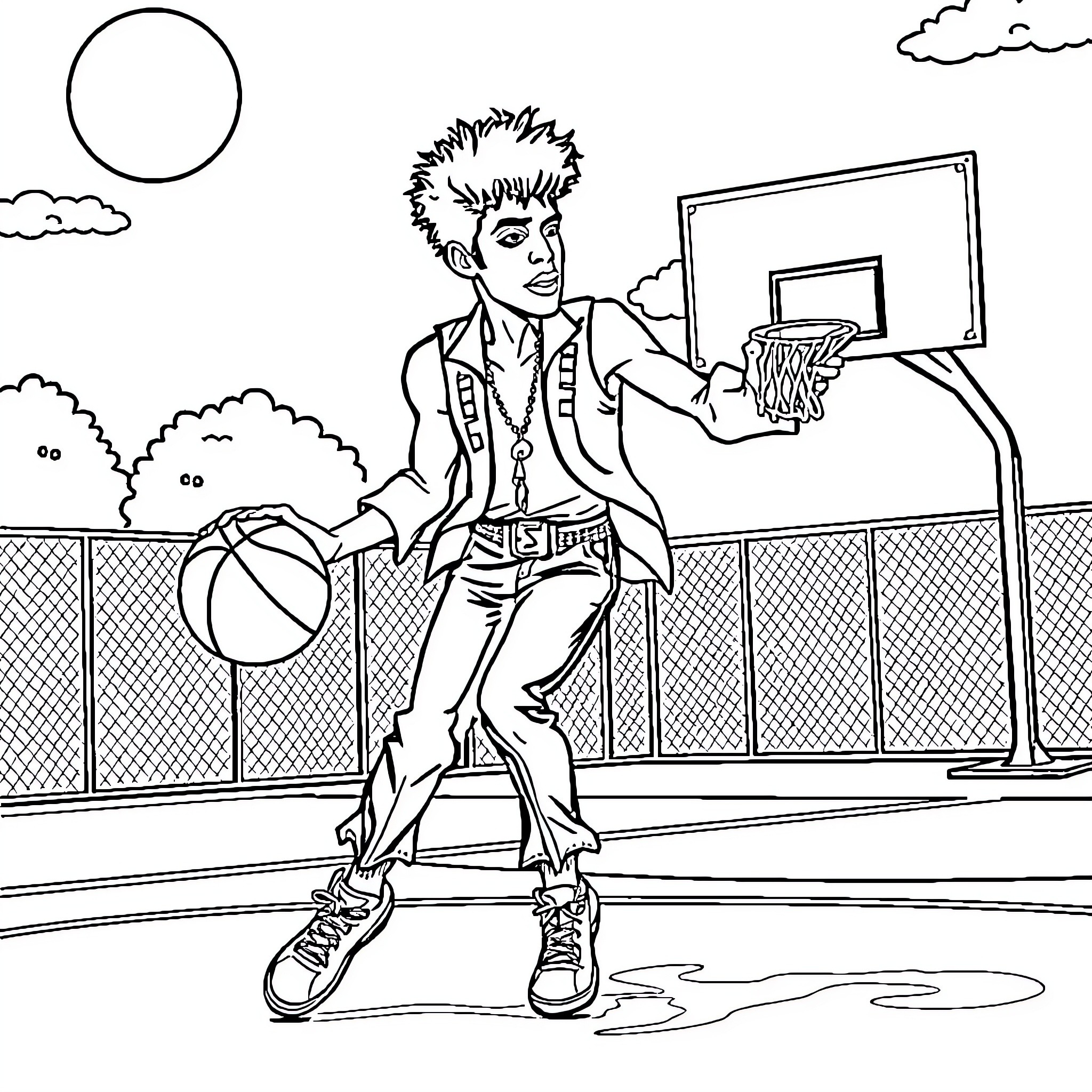 Prince playing basketball on outdoor court Coloring Page (free black-and-white line drawing printable PDF for all, from beginners to advanced learners, including children, teens, adults, and seniors)